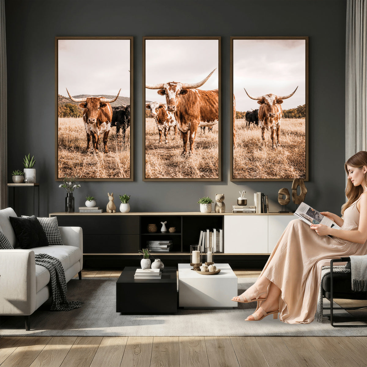 27539727-MGV-CV-36X24 - Texas Longhorn Cattle Wall Art Canvas Print, Sepia Western Decor