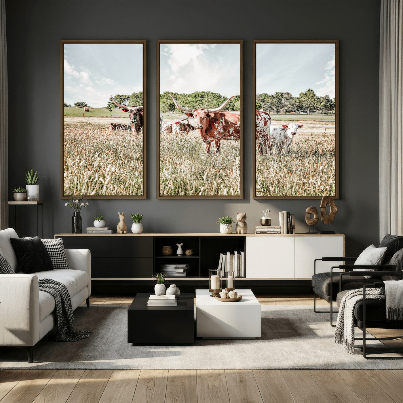 21823552-MGV-CV-36X24 - Texas Longhorn Cattle Wall Art Canvas Print, Rustic Ranch Landscape Artwork, Western Farm Field Scene, Country Prairie Animal Canvas Wall Art