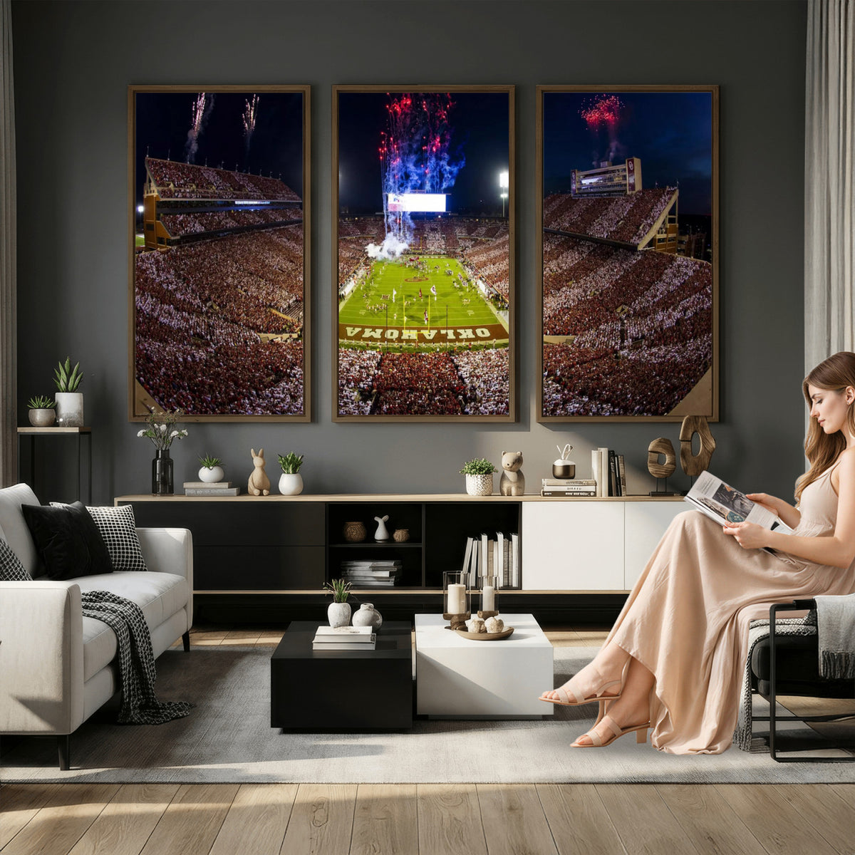 43197777-MGV-CV-36X24 - Oklahoma Memorial Stadium Wall Art Canvas Print – Oklahoma Sooners Football Artwork for Home, Office, and Sports Room Decor