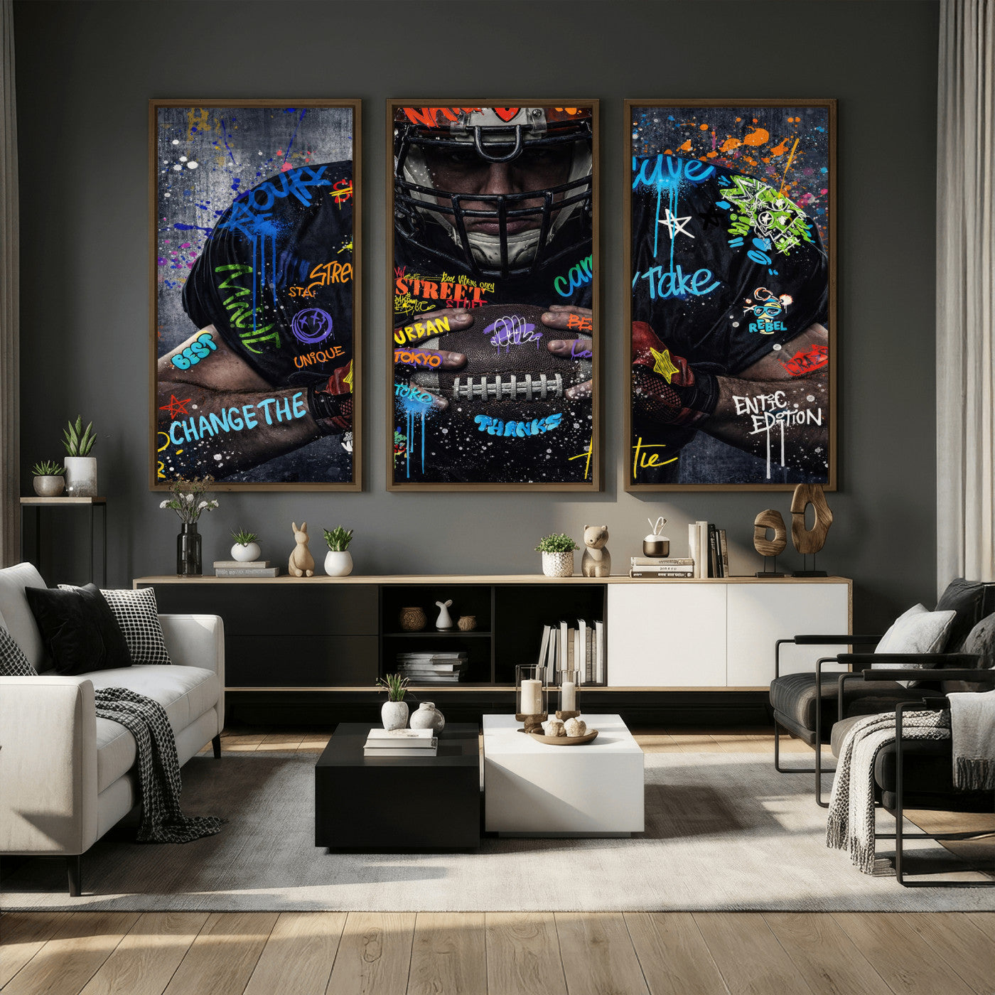 55267256-MGV-CV-36X24 - Graffiti American Football Player Street Art Wall Art Canvas Print, Urban Sports Pop Art Football Canvas Print, Modern Athletic Graffiti Contemporary Art Printing