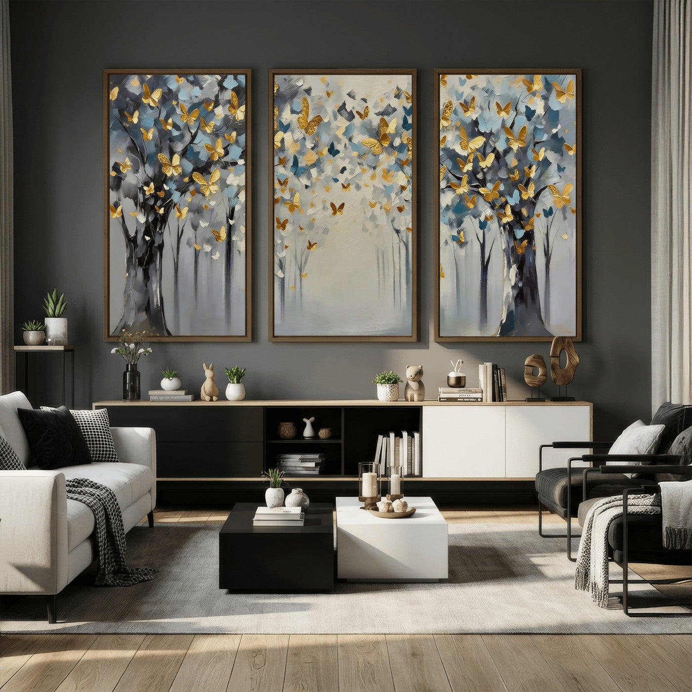 79208191-MGV-CV-36X24 - Golden Butterfly Tree Abstract Wall Art Canvas Print, Modern Elegant Nature Painting Canvas Print, Blue Gold Contemporary Floral Art Printing