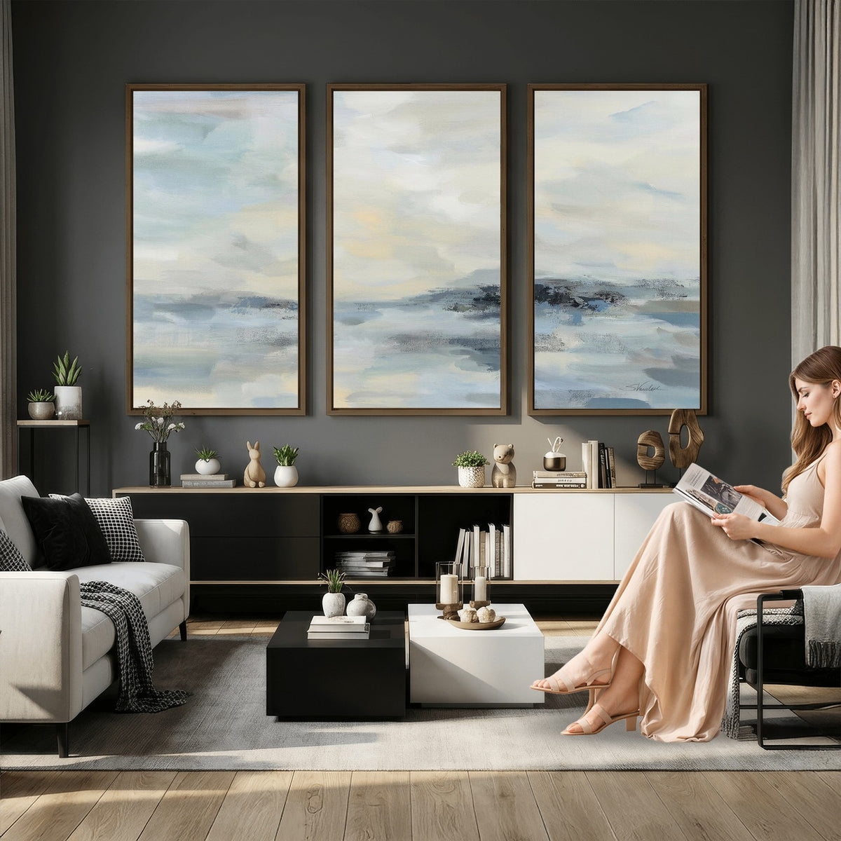 Abstract Coastal Landscape Wall Art Canvas Print | Soft Blue Gray Minimalist Art