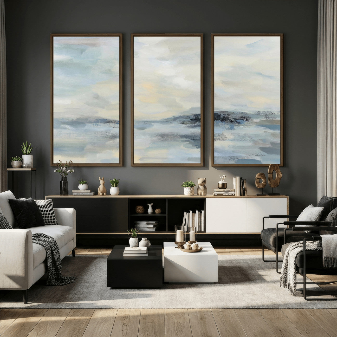 24647355-MGV-CV-36X24 - Abstract Coastal Landscape Wall Art Canvas Print – Soft Blue Gray Minimalist Painting