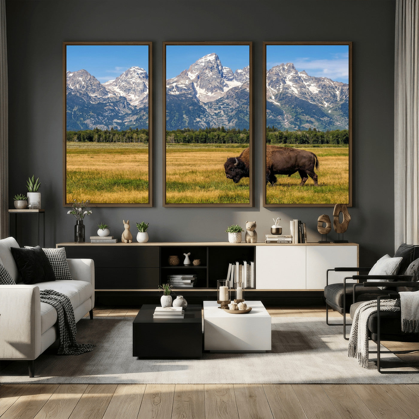 20424529-MGV-CV-36X24 - Bison in Mountain Landscape Wall Art Canvas Print – Western Wildlife Artwork for Rustic Living Room Decor
