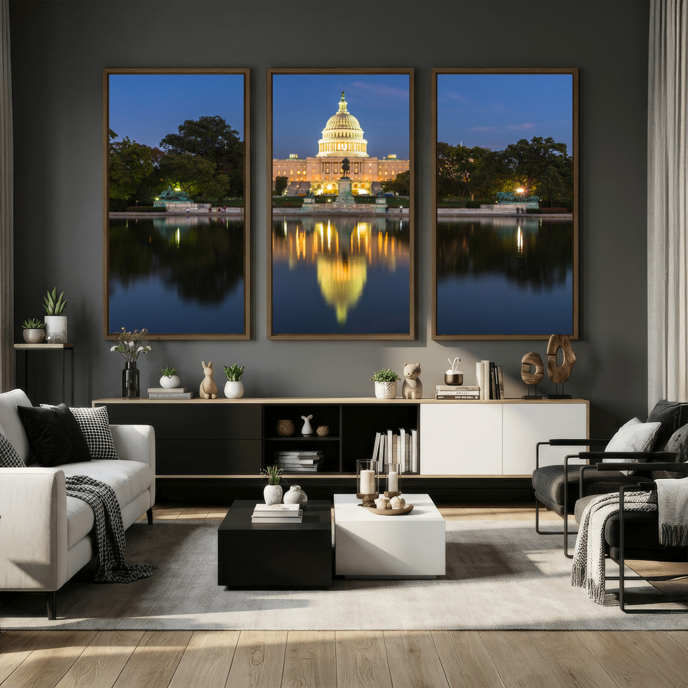 95568590-MGV-CV-36X24 - US Capitol Building Wall Art Canvas Print – Washington DC Landmark Night Reflection Artwork for Office Decor