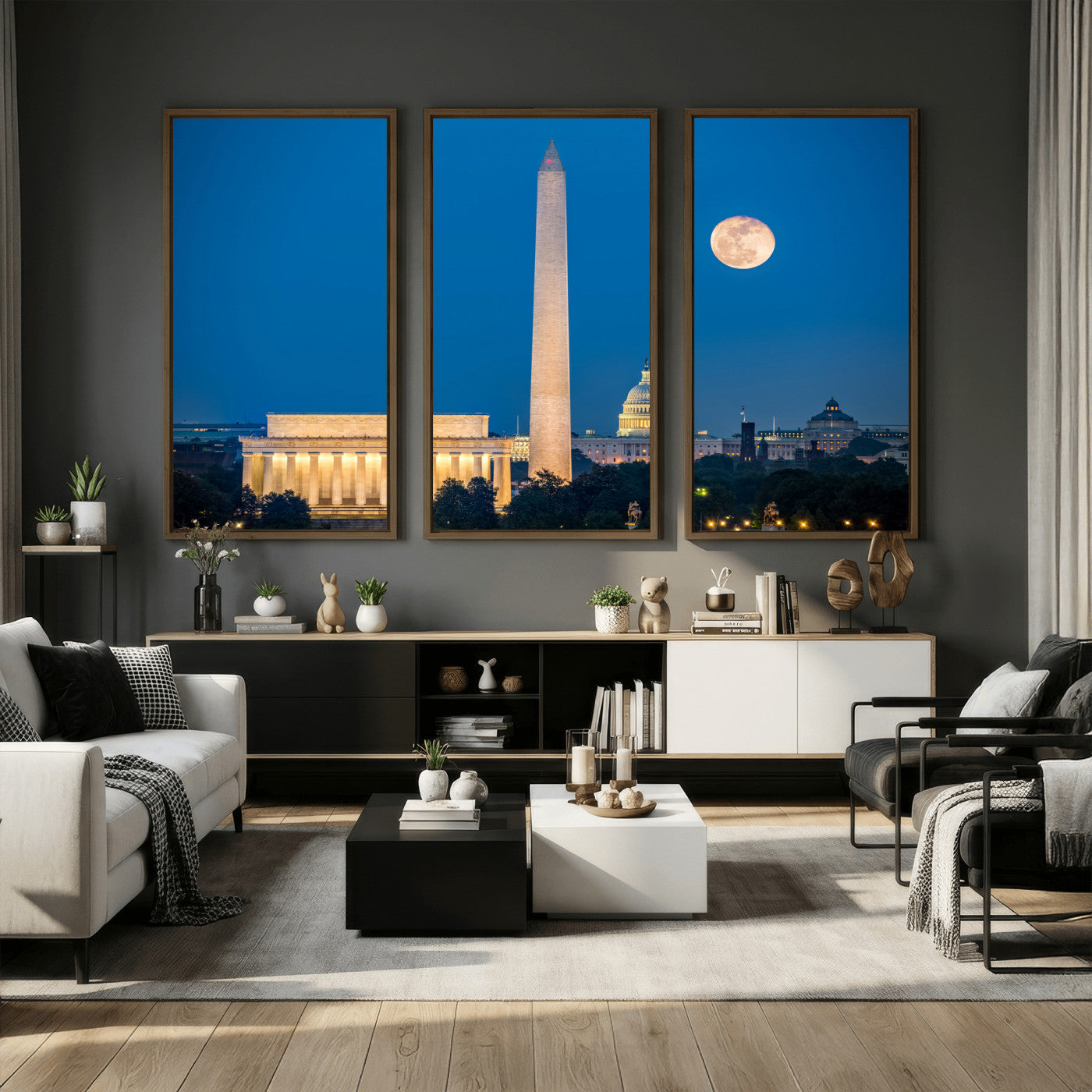 96712946-MGV-CV-36X24 - Washington DC Skyline Wall Art Canvas Print – Lincoln Memorial, Washington Monument and US Capitol Night Cityscape Artwork