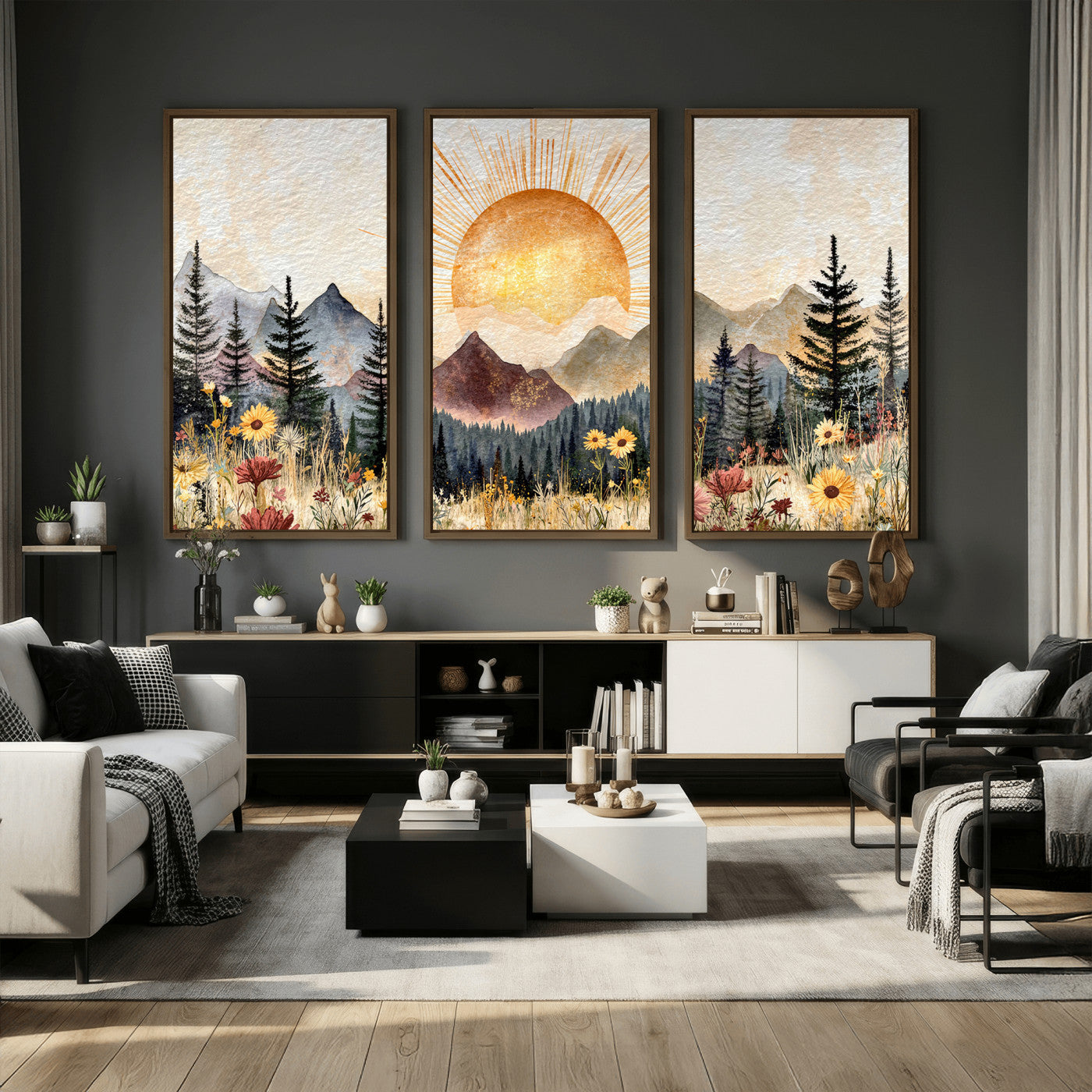 69025244-MGV-CV-36X24 - Boho Mountain Landscape Large Wall Art, Horizontal Gold Framed Canvas Print with Sun and Flowers