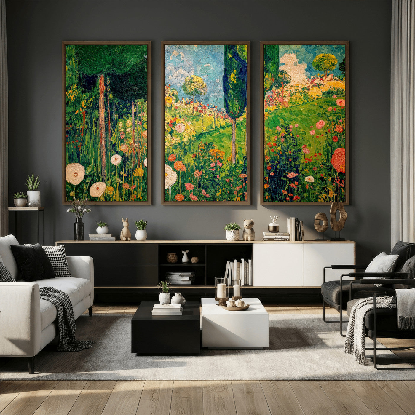 83517974-MGV-CV-36X24 - Gustav Klimt Boho Mountain Landscape Large Wall Art, Horizontal Gold Framed Canvas Print with Sun and Flowers