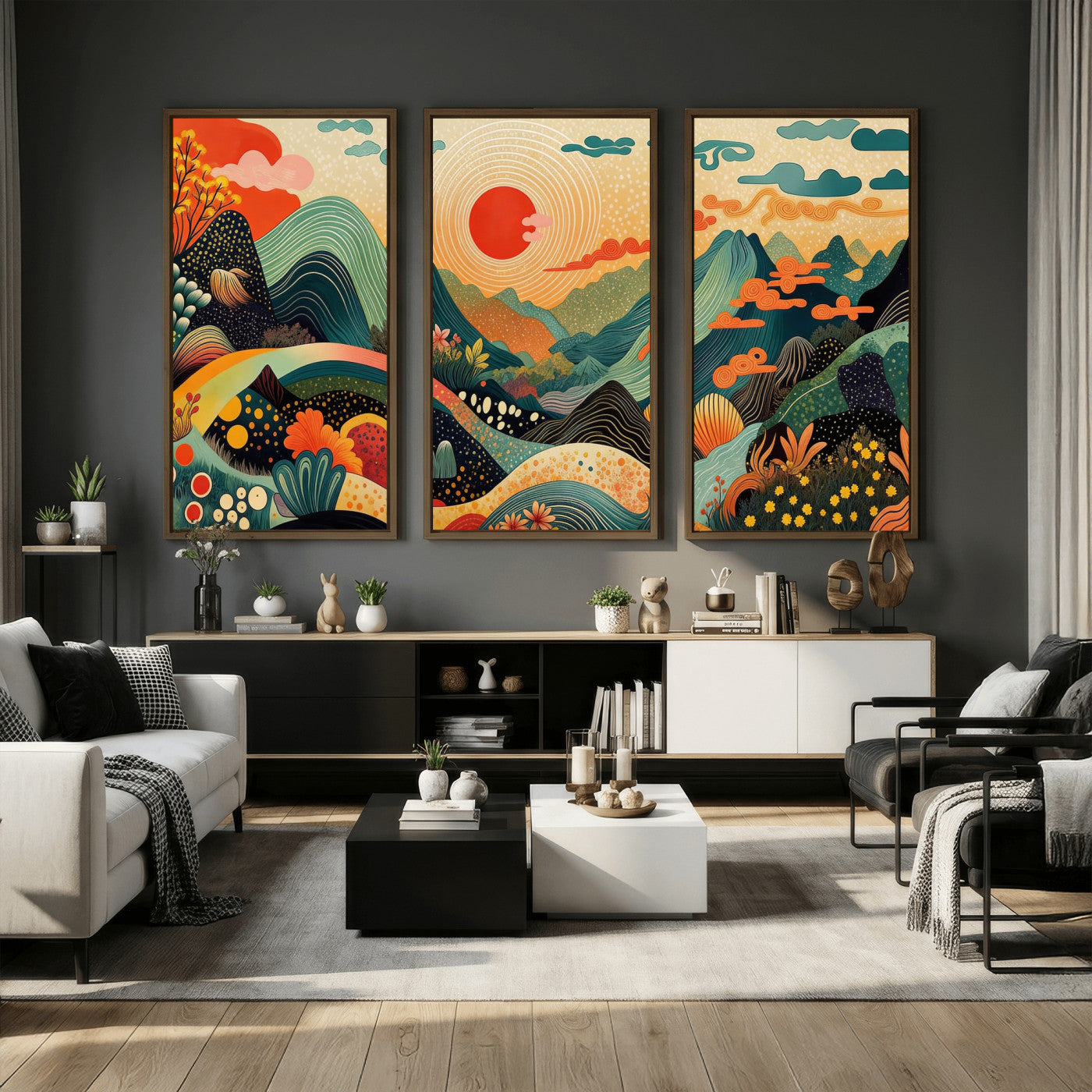 29927191-MGV-CV-36X24 - Yayoi Kusama Boho Mountain Landscape Large Wall Art, Horizontal Gold Framed Canvas Print with Sun and Flowers