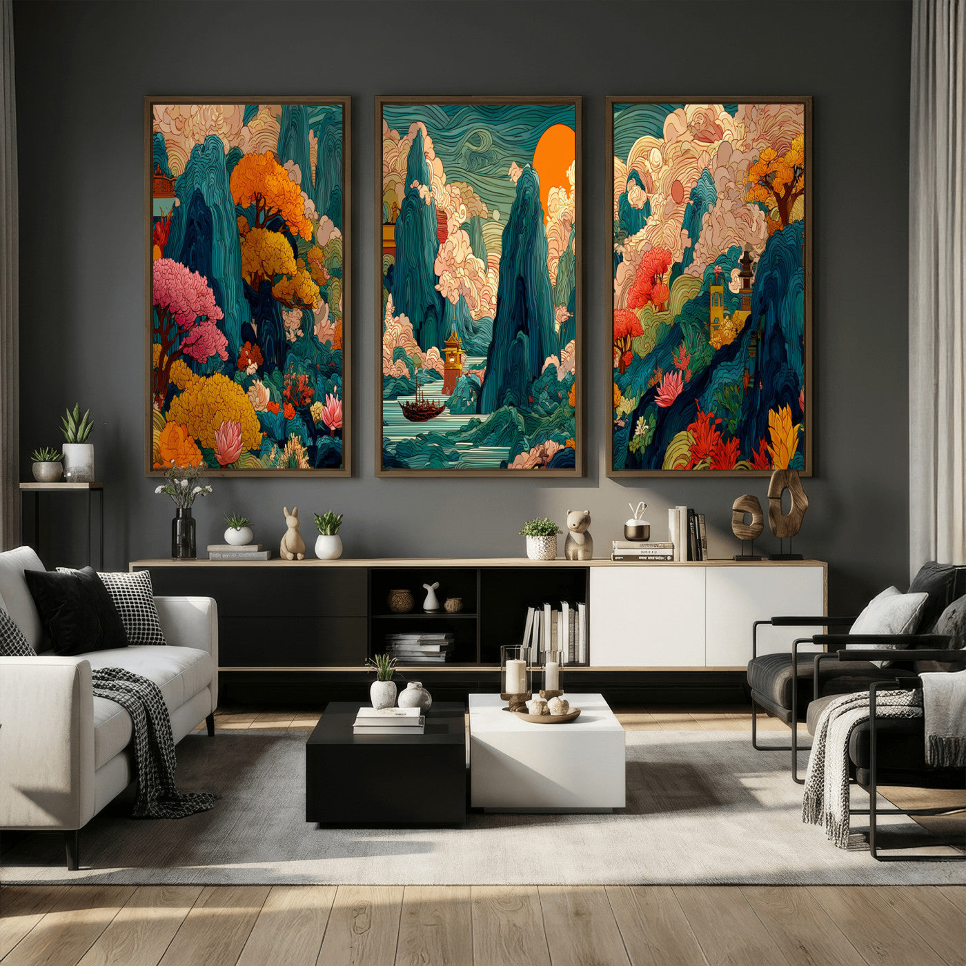 90422518-MGV-CV-48X32-3P - Colorful Japanese Landscape Print: Maximalist Panoramic Wall Art