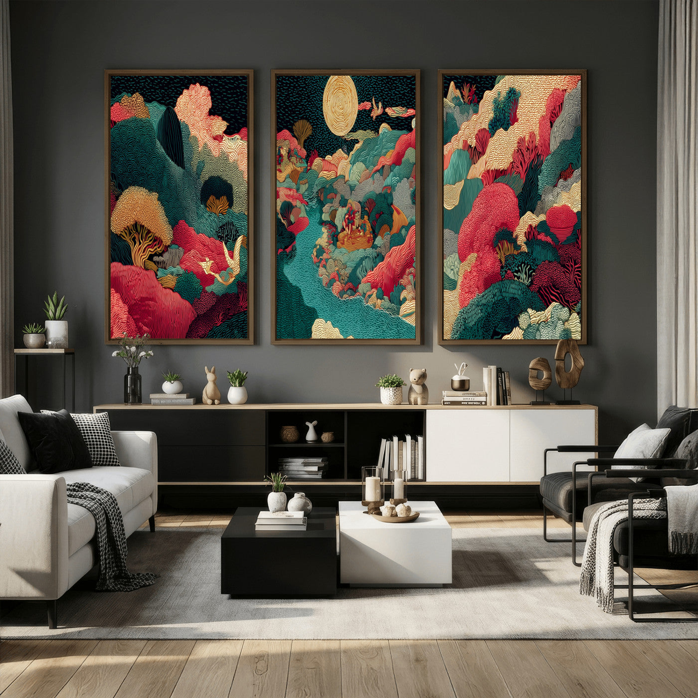 36816259-MGV-CV-48X32-3P - Colorful Japanese Landscape Print: Maximalist Panoramic Wall Art