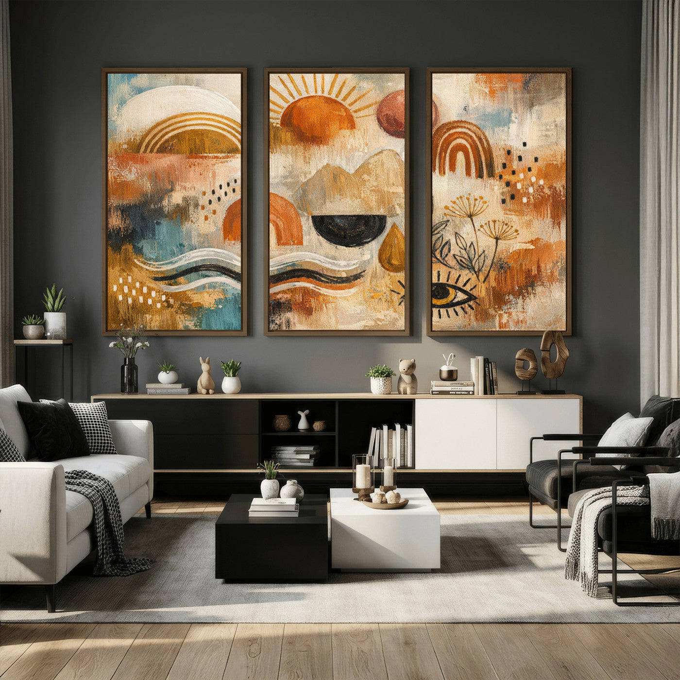 52155239-MGV-CV-36X24 - Geometric Boho Abstract Wall Art Canvas Print, Orange Blue Abstract Expressionist Painting Print, Modern Geometric Abstract Canvas Art