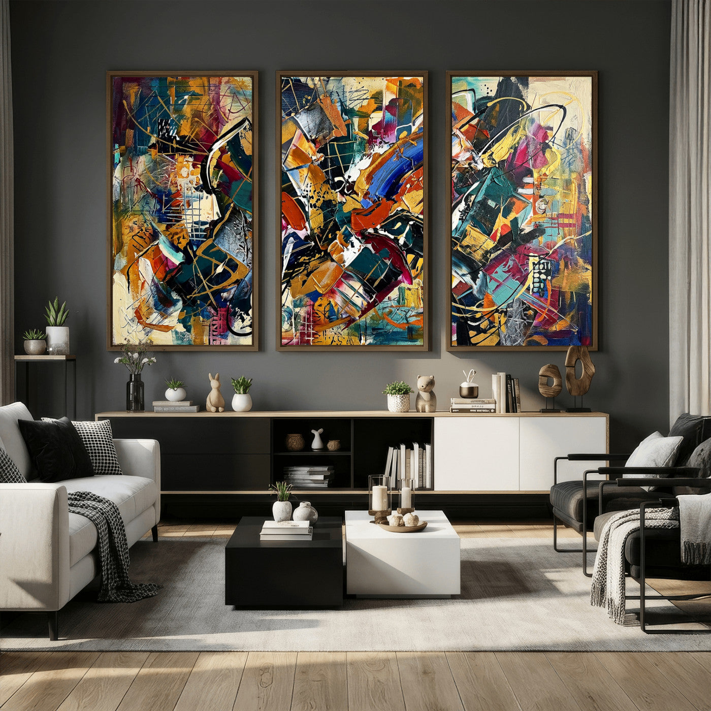 15525527-MGV-CV-36X24 - Geometric Abstract Wall Art Canvas Print, Orange Blue Abstract Expressionist Painting Print, Modern Geometric Abstract Canvas Art