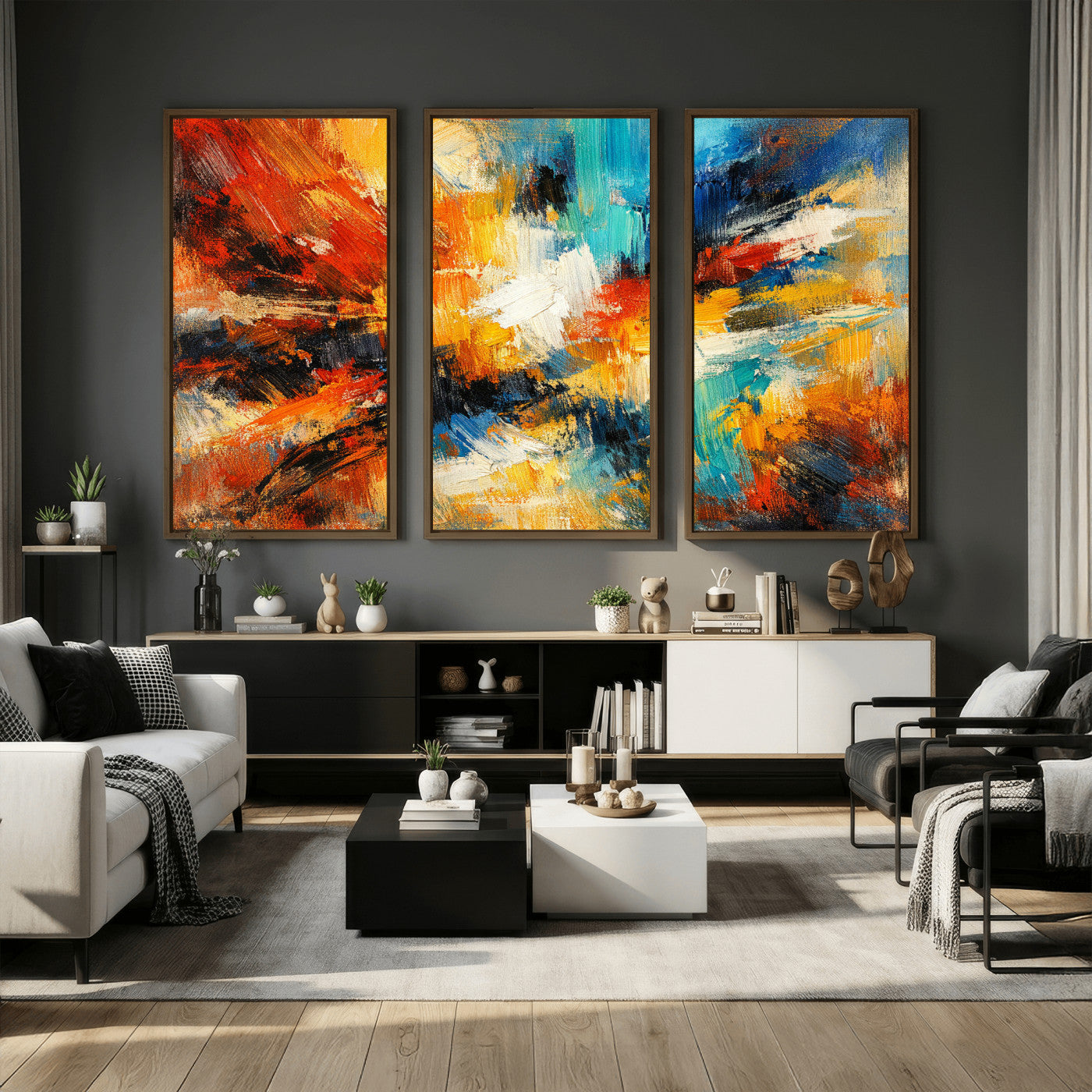 93167583-MGV-CV-36X24 - Geometric Abstract Wall Art Canvas Print, Orange Blue Abstract Expressionist Painting Print, Modern Geometric Abstract Canvas Art