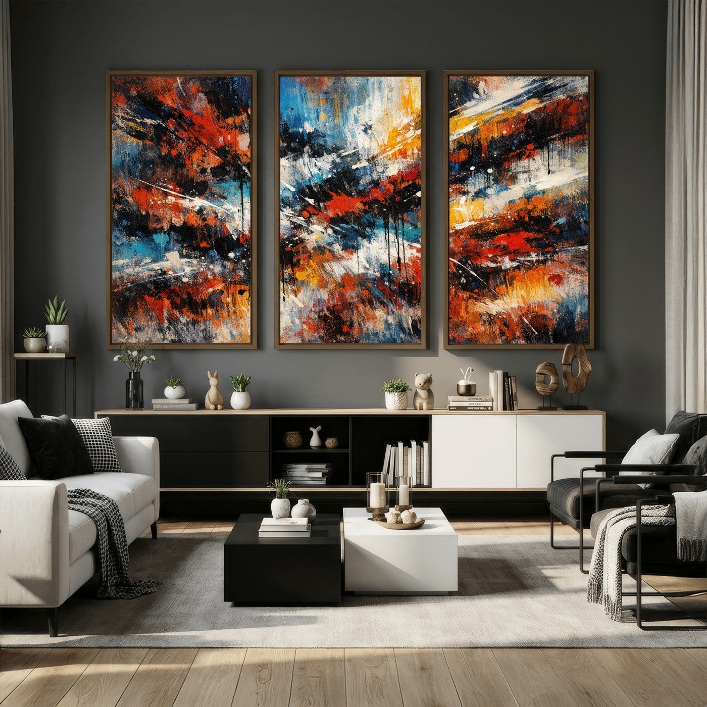 80276069-MGV-CV-36X24 - Geometric Abstract Wall Art Canvas Print, Orange Blue Abstract Expressionist Painting Print, Modern Geometric Abstract Canvas Art