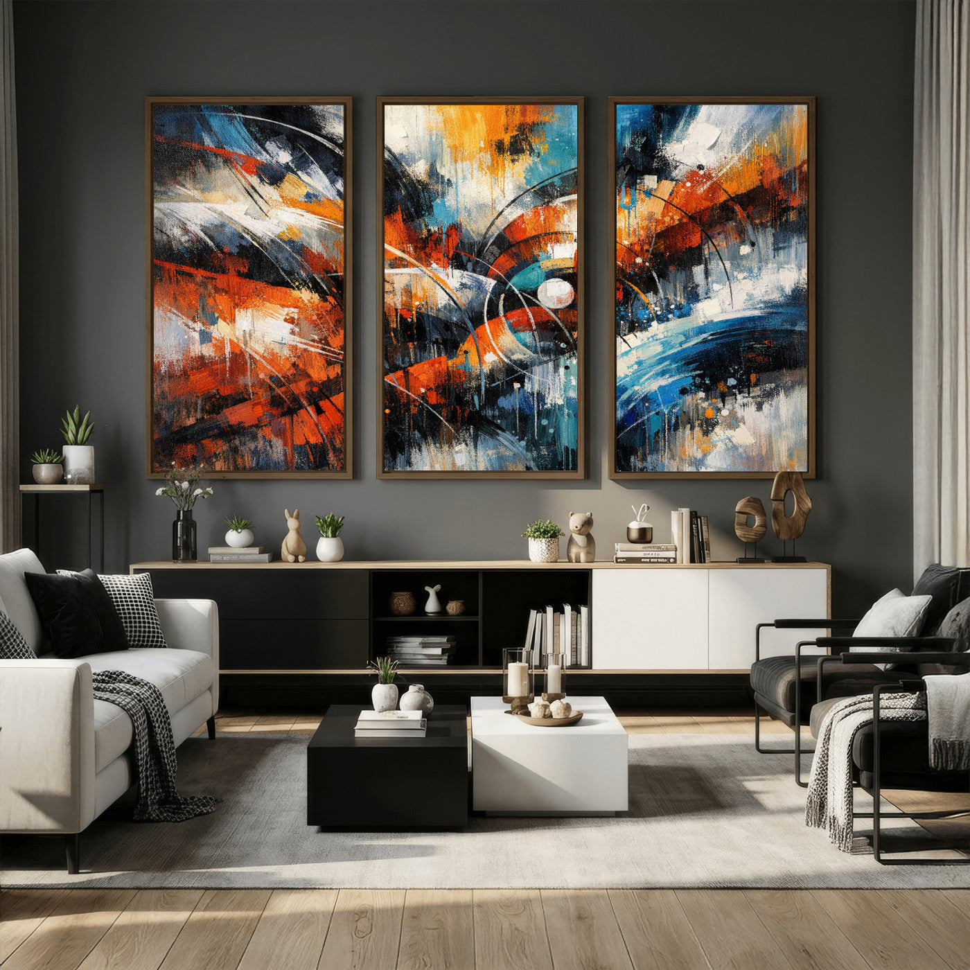 47120691-MGV-CV-36X24 - Geometric Abstract Wall Art Canvas Print, Orange Blue Abstract Expressionist Painting Print, Modern Geometric Abstract Canvas Art