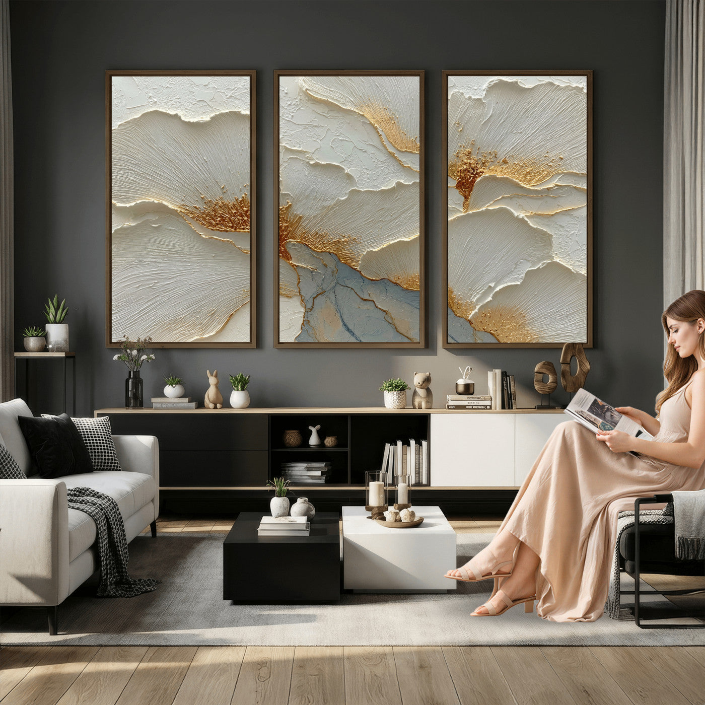 4712069F1-MGV-CV-36X24 - White Gold Floral Canvas Wall Art — Textured Flower Print | Luxury Botanical Decor | Elegant Bedroom Art | Gold Leaf Wall Art Gift