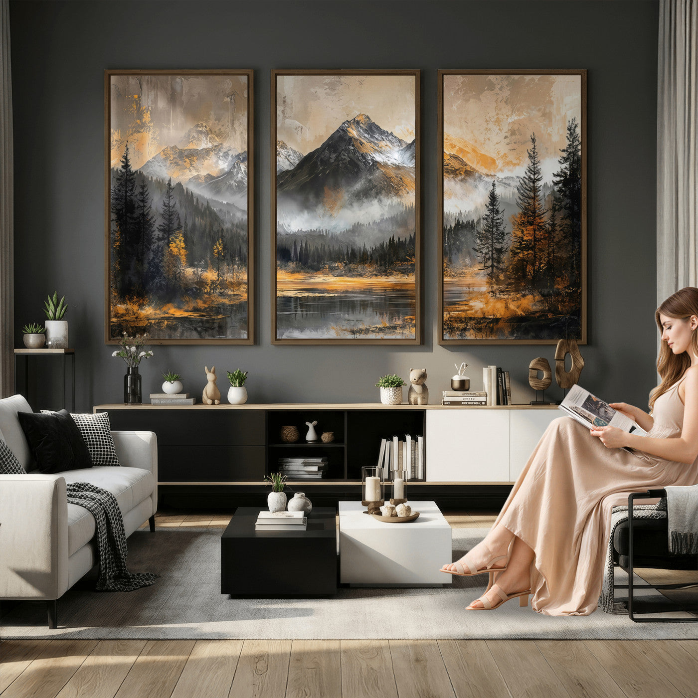 4712069D1-MGV-CV-36X24 - Mountain Lake Canvas Wall Art — Rustic Forest Landscape Print | Gold Grey Nature Decor | Cabin Wall Art | Large Wilderness Art Print Gift