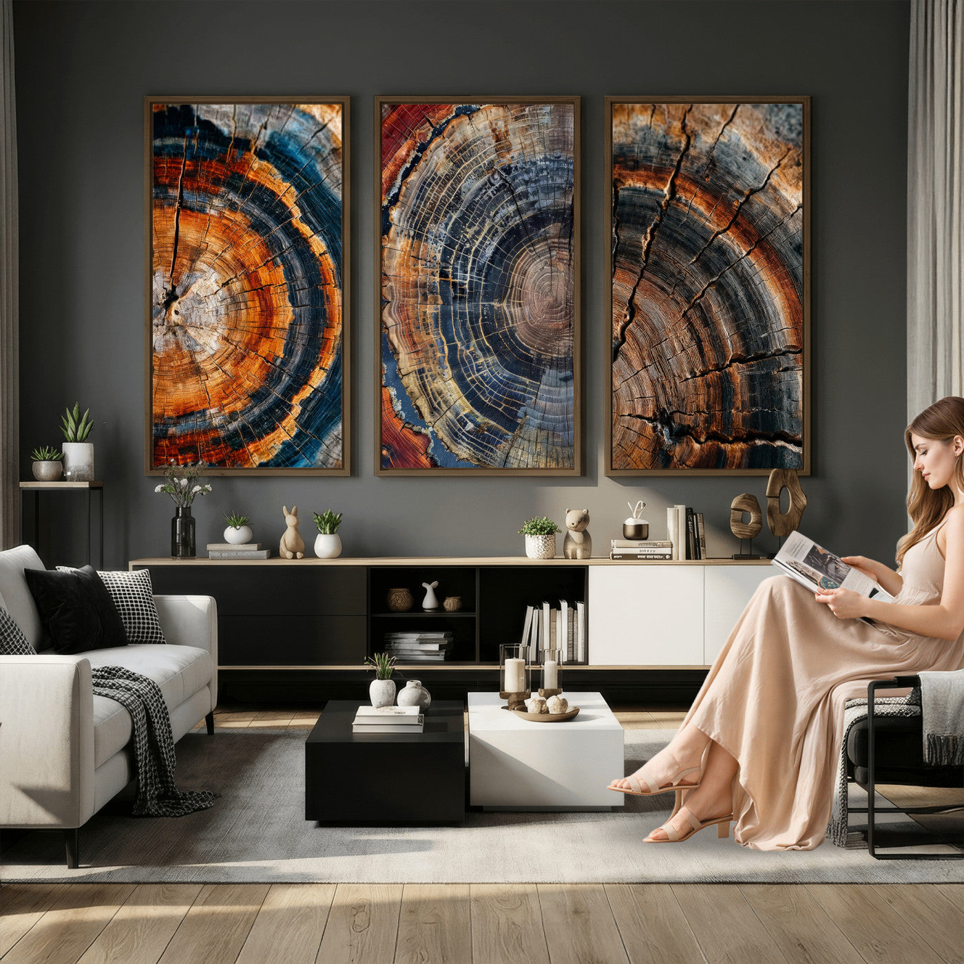 4712069W1-MGV-CV-48X32-3P - Tree Ring Triptych Canvas Wall Art — Set of 3 Wood Grain Print | Rustic Nature Decor | Earth Tone Wall Art | Unique Living Room Art Gift