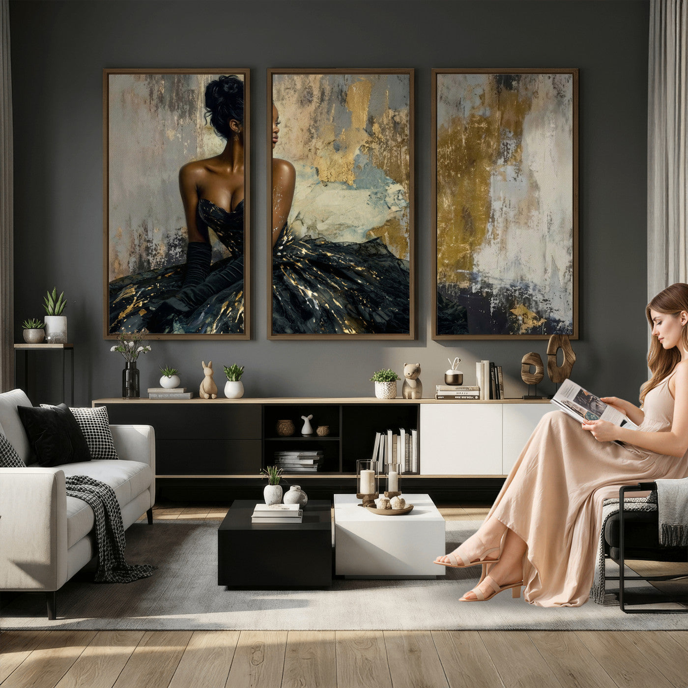 4712069Z1-MGV-CV-36X24 - Elegant Woman Canvas Wall Art — Black Gold Gown Fashion Print | Luxury Glam Wall Decor | African American Art | Bold Bedroom Wall Art Gift