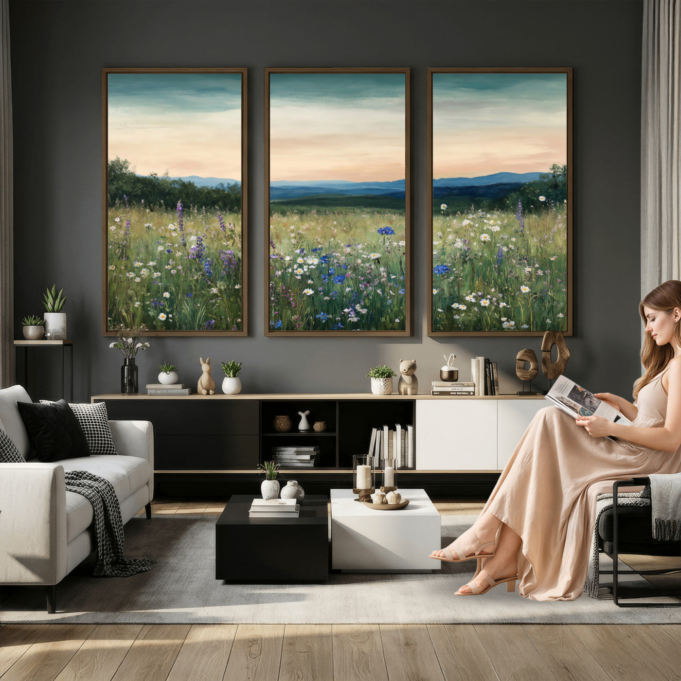 35773805-MGV-CV-36X24 - Wildflower Meadow Oil Painting Canvas — Daisy Lavender Mountain Sunset Print | Cottagecore Floral Wall Art | Bedroom Decor Gift for Her