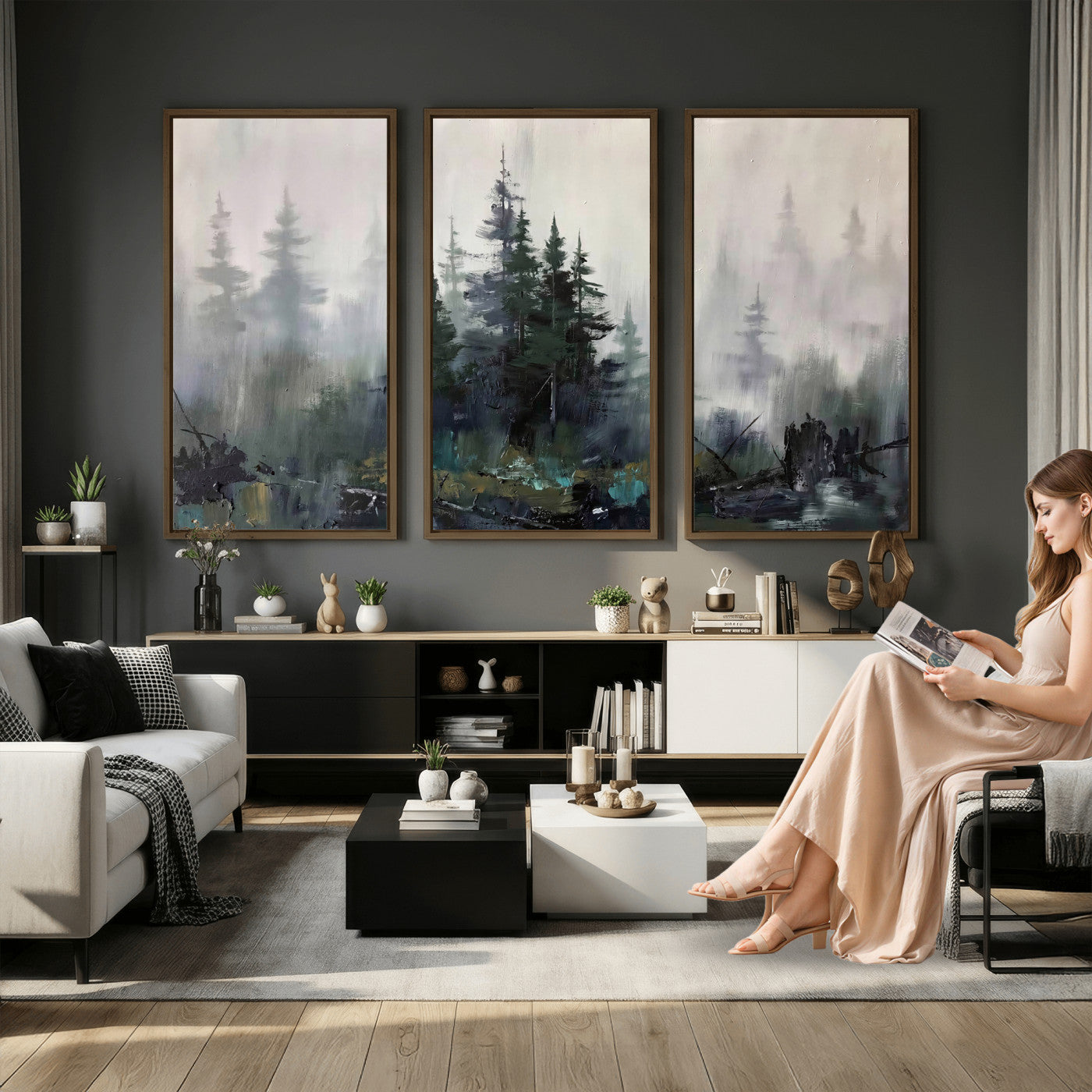 94143325-MGV-CV-36X24 - Misty Pine Forest Oil Painting Canvas — Dark Moody Teal Grey Tree Print | Japandi Scandinavian Wall Art | Minimalist Nature Decor Gift
