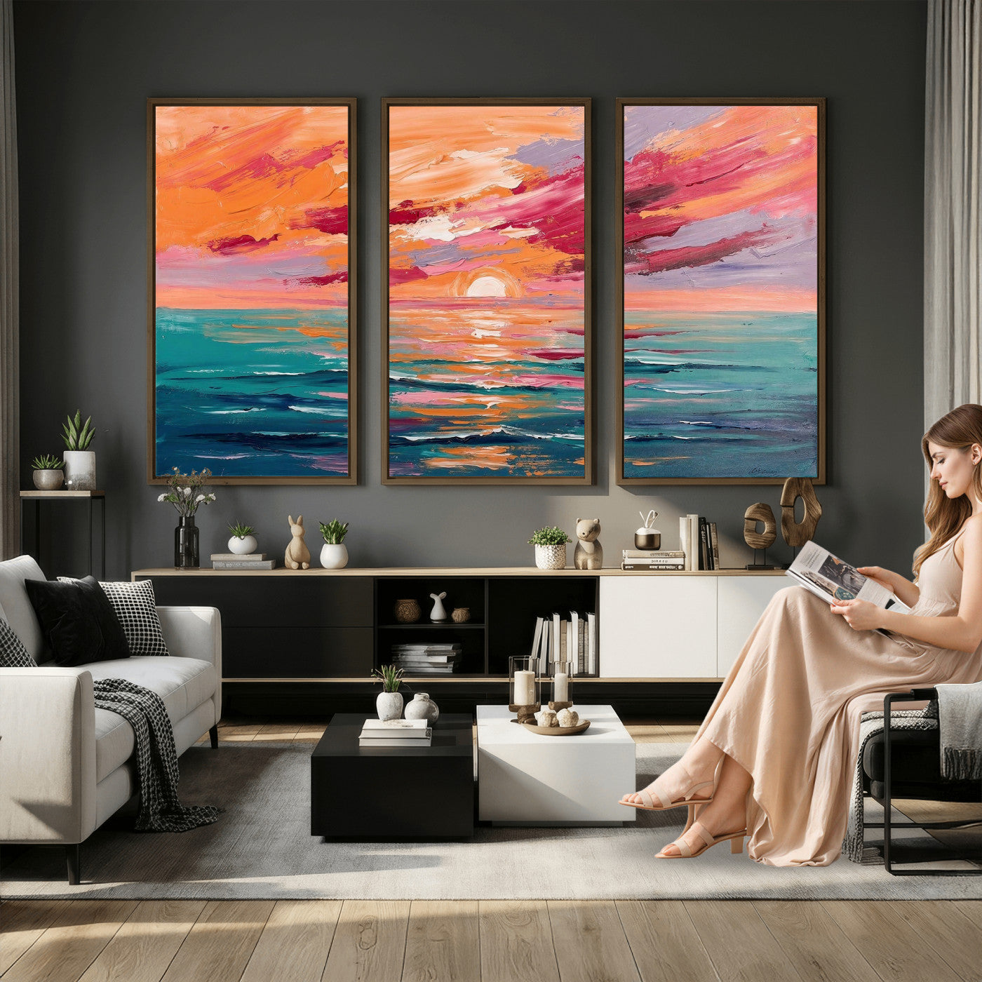 26763902-MGV-CV-36X24 - Bold Palette Knife Ocean Sunset Canvas — Orange Pink Teal Expressionist Sea Print | Colorful Coastal Wall Art | Vibrant Beach Decor Gift