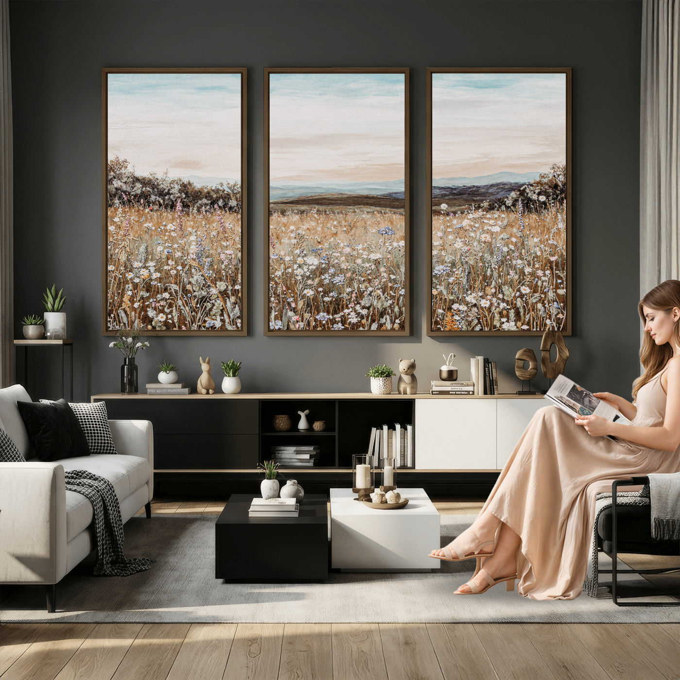 F35773805-MGV-CV-36X24 - Neutral Wildflower Field Canvas Wall Art — Beige Earth Tone Botanical Meadow Print | Farmhouse Boho Decor | Bedroom Living Room Gift Her