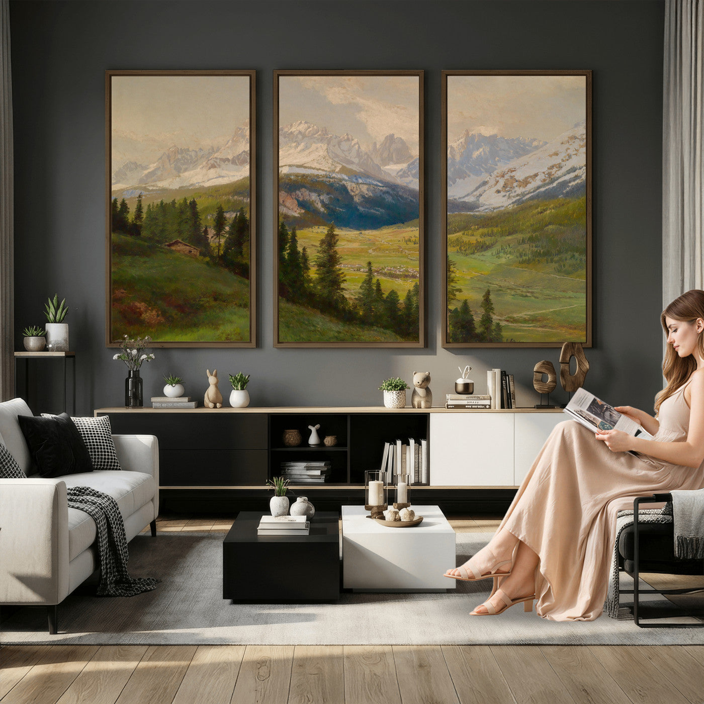 23120262-MGV-CV-36X24 - Konrad Petrides Sexten Village Canvas Print, Alpine Mountain Valley Painting, Dolomites Landscape Art