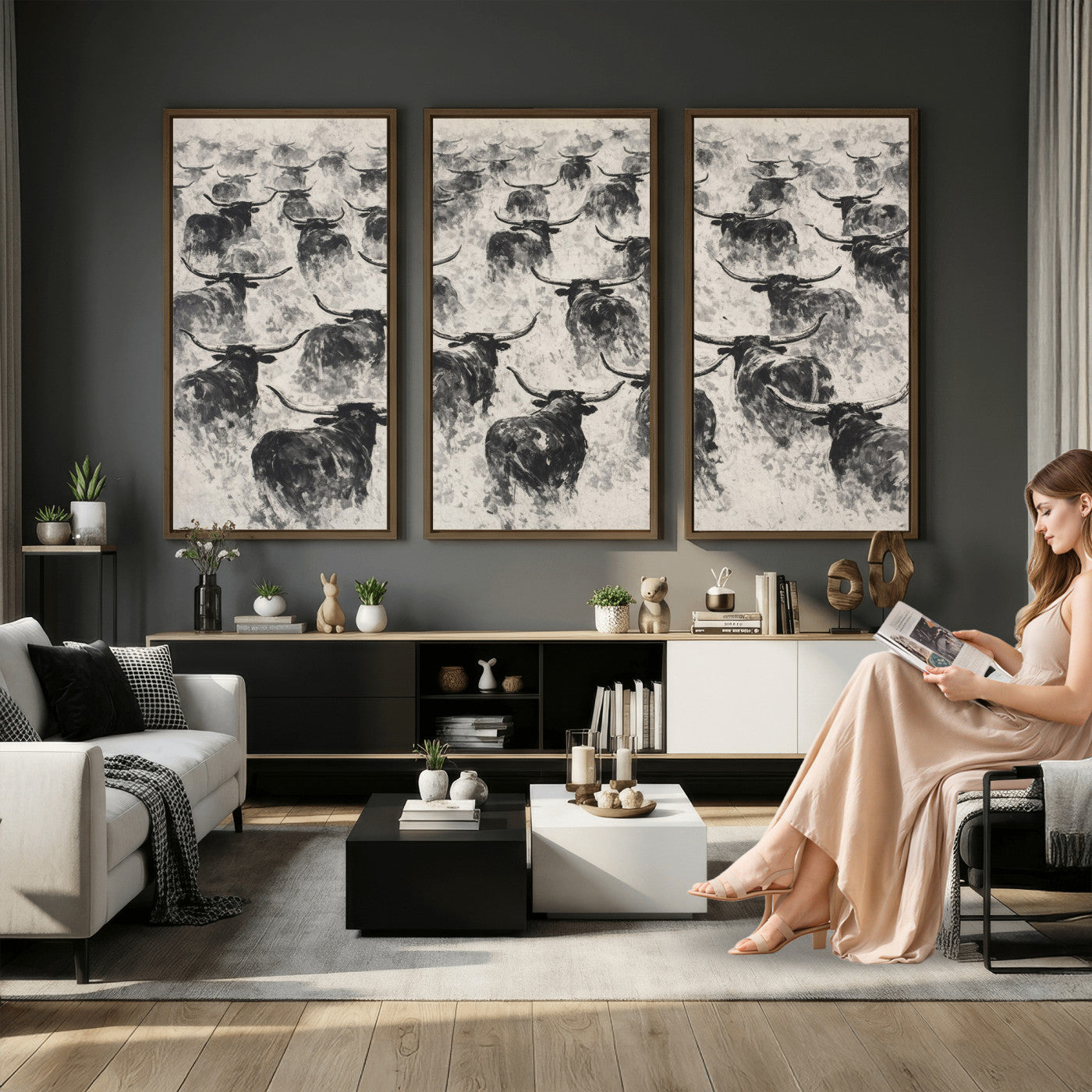 73328525-MGV-CV-36X24 - Texas Longhorn Drawing Canvas Wall Art, Western Cattle Stampede Painting Print, Warm Amber Ranch Decor, Rustic Cowboy Home Art, Large Living Room Decor