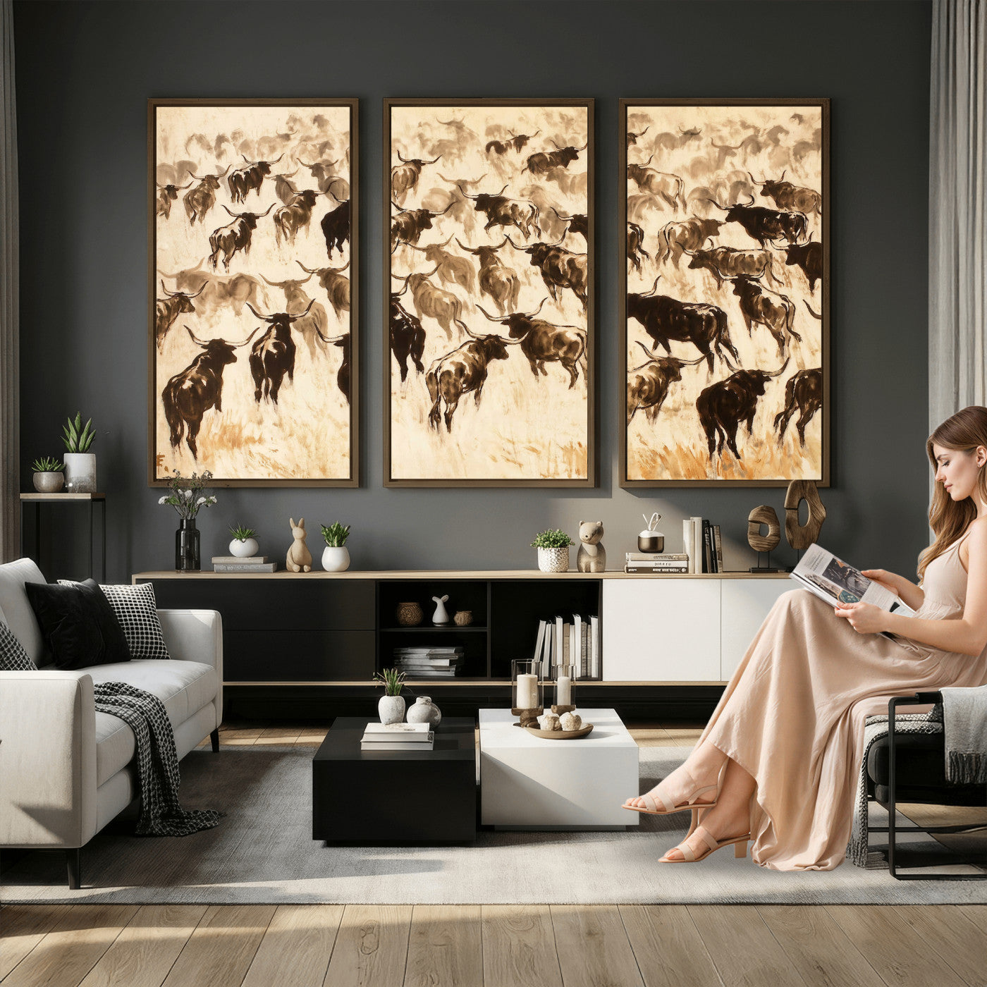 39077774-MGV-CV-36X24 - Texas Longhorn Sepia Canvas Wall Art, Western Cattle Stampede Painting Print, Warm Amber Ranch Decor, Rustic Cowboy Home Art, Large Living Room Decor