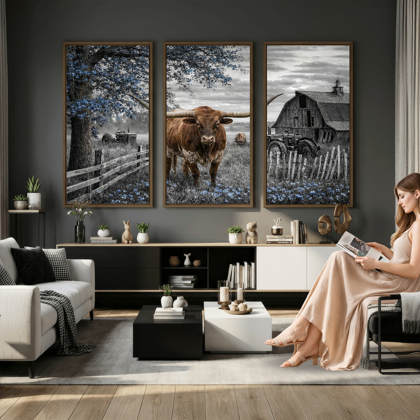 19366343-MGV-CV-36X24 - Texas Longhorn Canvas Wall Art, Rustic Farm Barn Bluebonnet Photography Print, Farmhouse Country Decor, Western Ranch Art, Old Truck Tractor Print