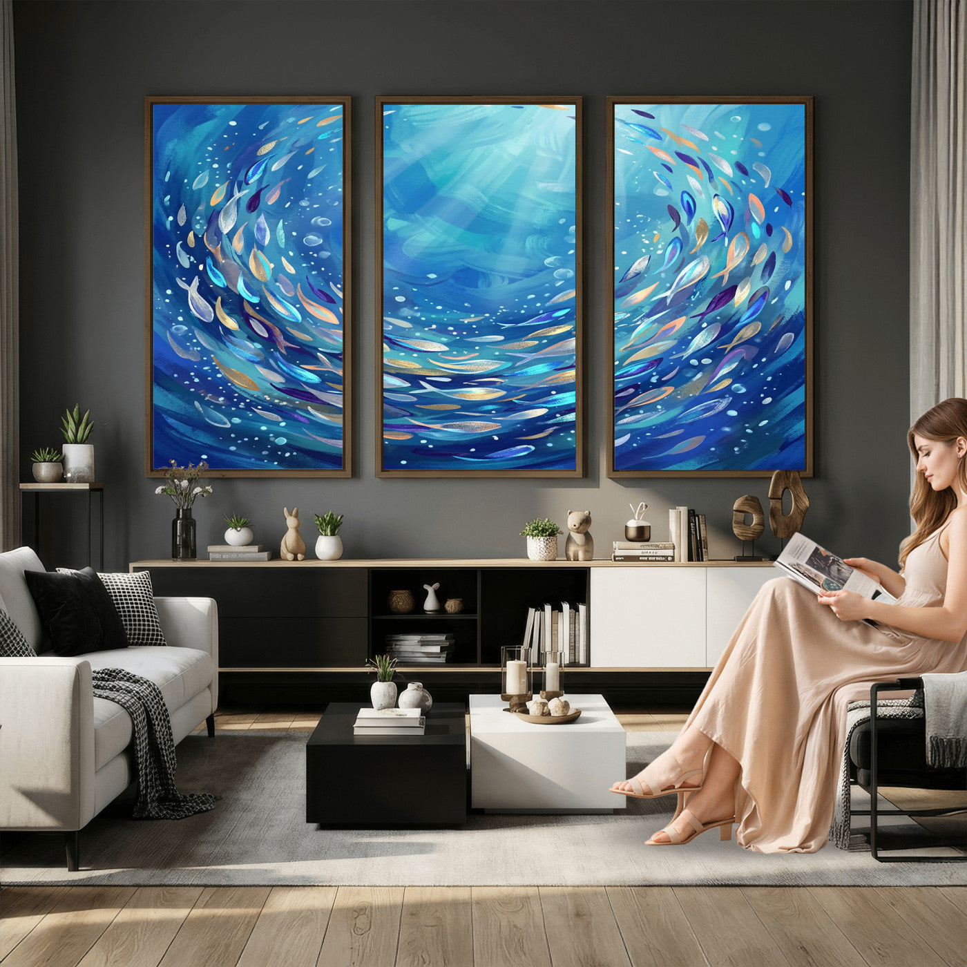 78699899-MGV-CV-36X24 - School of Fish Canvas Print | Blue Ocean Underwater Wall Art | Swirling Fish Shoal Illustration | Marine Navy Coastal Decor