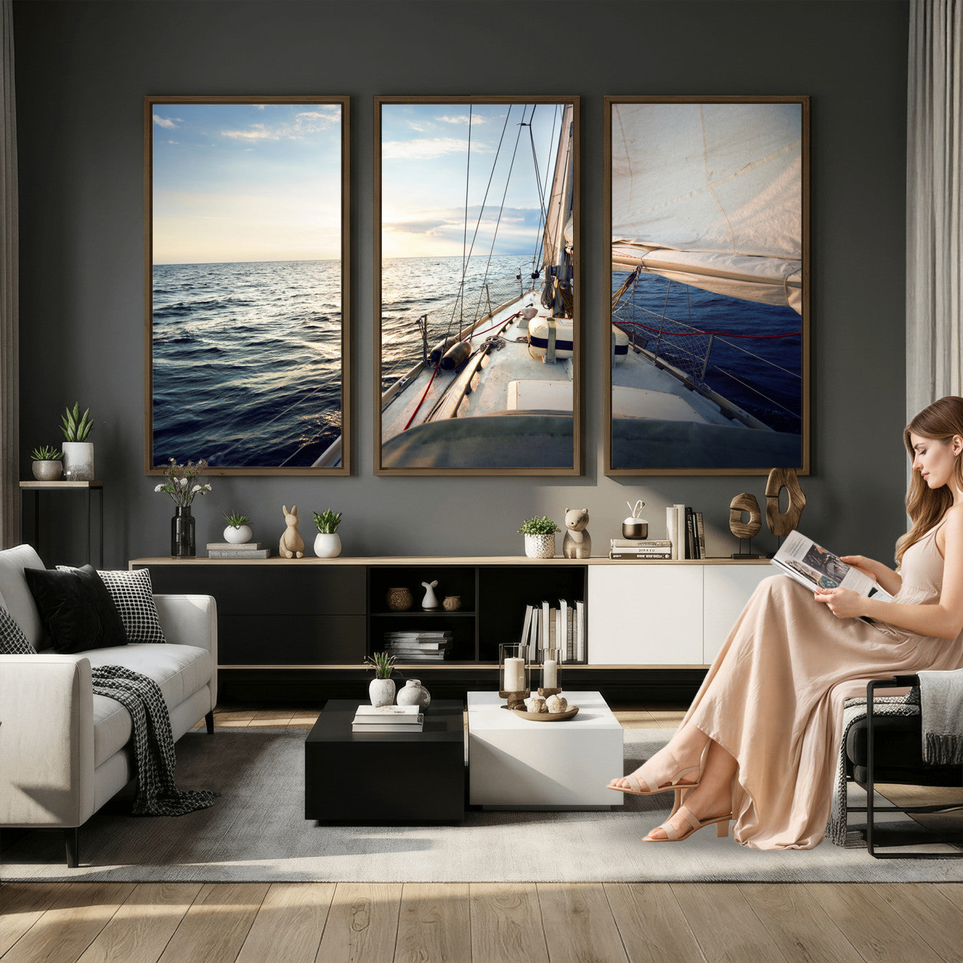76381335-MGV-CV-36X24 - Sailboat Wall Art Canvas Print, Ocean Sunset Sailing Framed Artwork, Coastal Nautical Seascape Decor for Living Room Office Beach House