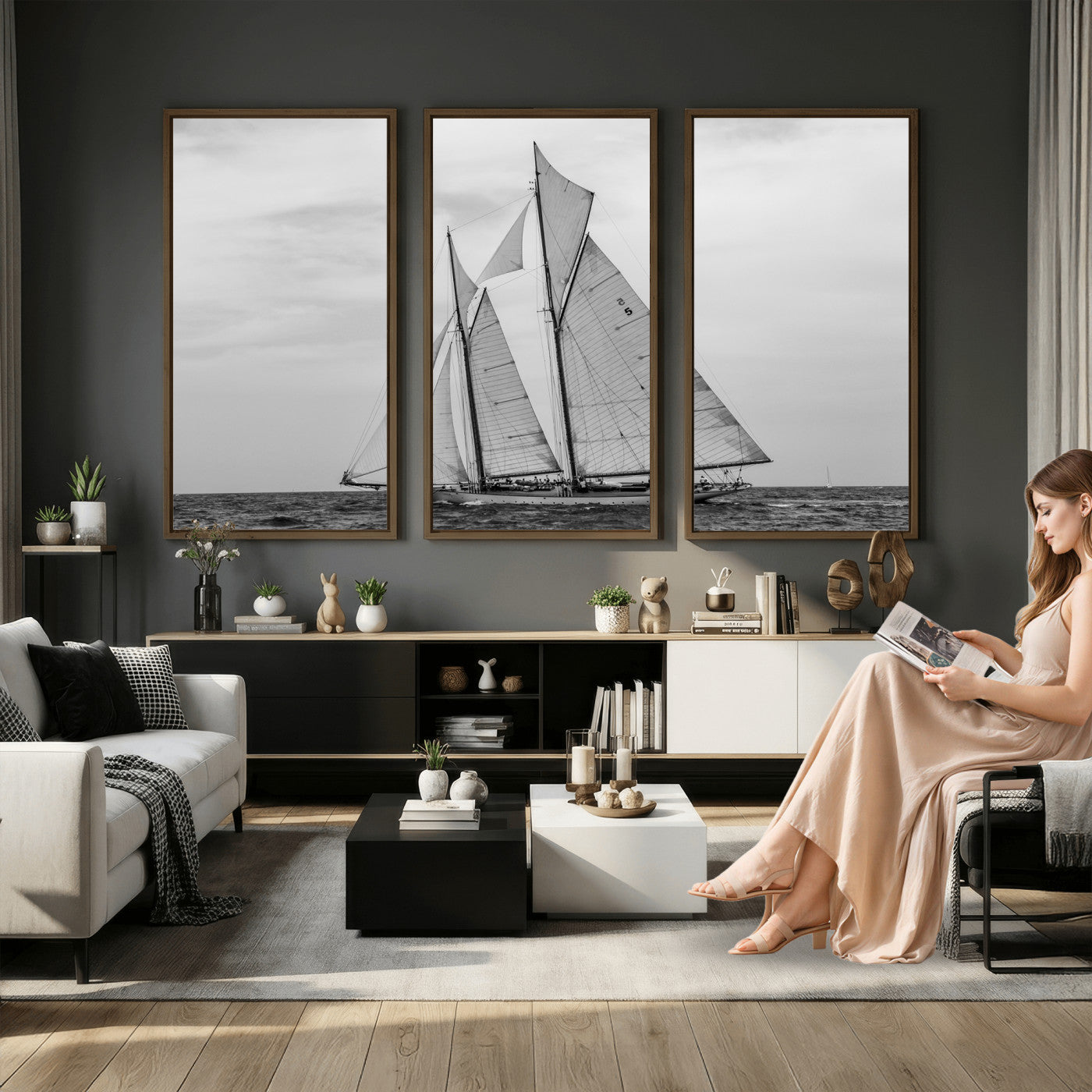 52882918-MGV-CV-36X24 - Vintage Sailboat Wall Art Canvas Print, Black and White Schooner Framed Artwork, Nautical Ocean Sailing Decor for Living Room Office Beach House