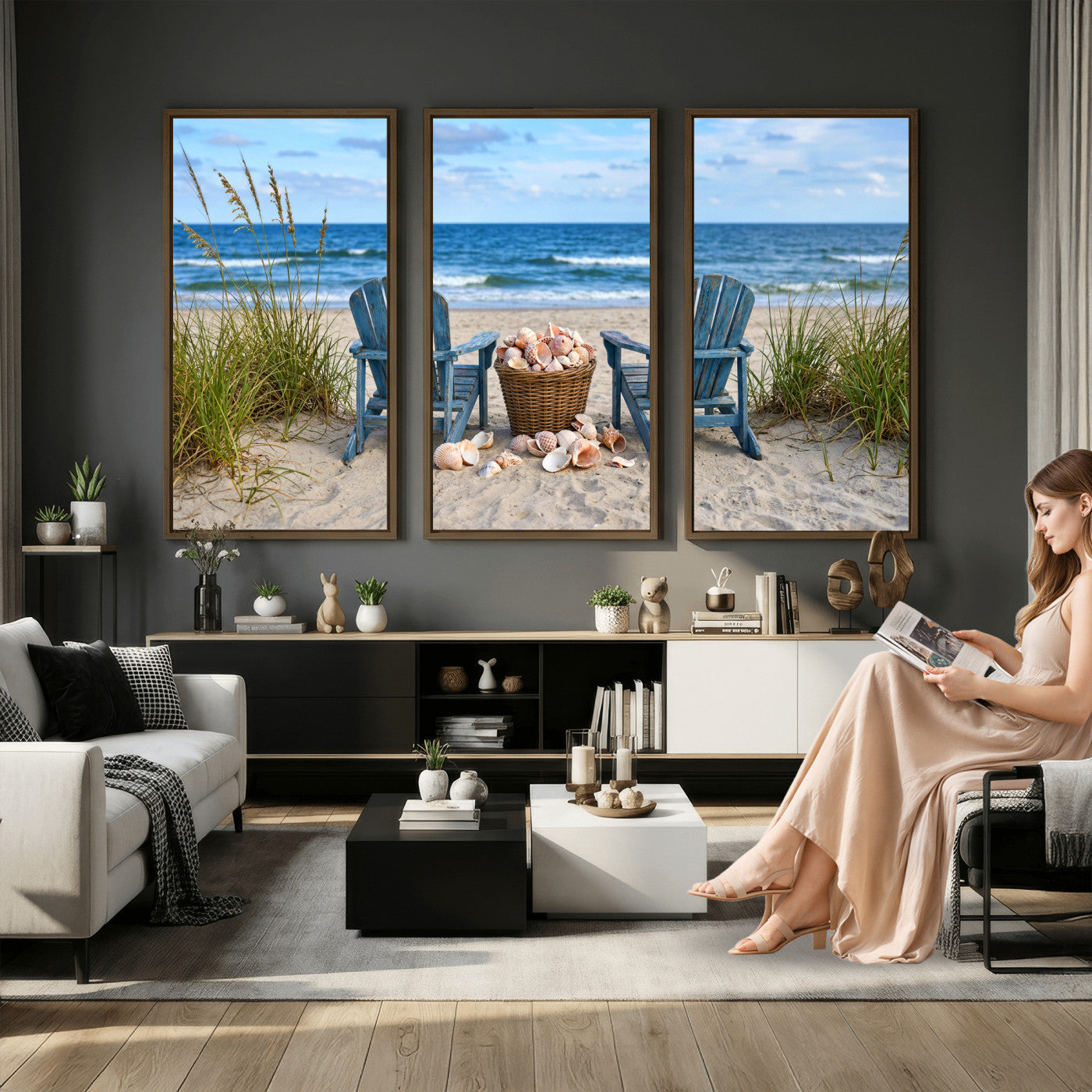 80268829-MGV-CV-36X24 - Large Beach Canvas Wall Art Coastal Adirondack Chairs Ocean Seashells Blue Nautical Framed Large for Living Room Bedroom Bathroom Decor