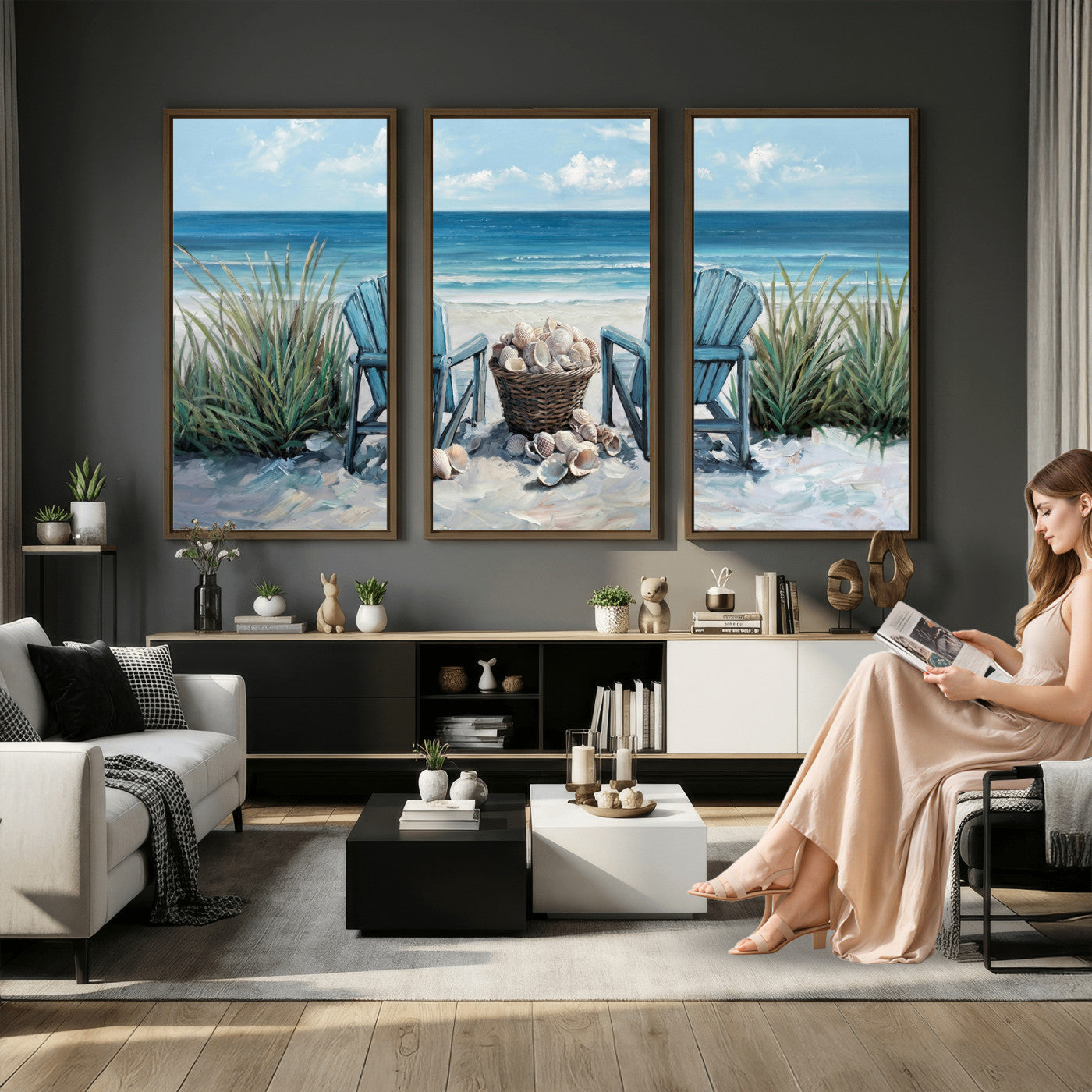 11973028-MGV-CV-36X24 - Beach Canvas Wall Art Coastal Adirondack Chairs Ocean Seashells Blue Nautical Framed Large for Living Room Bedroom Bathroom Decor