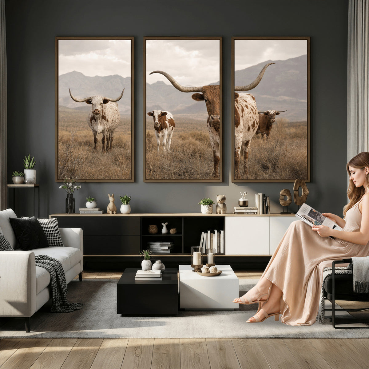 62336425AD-MGV-CV-36X24 - Rustic Texas Longhorn Cow Canvas Wall Art Print, Rustic Farm Animal Photography Print, Farmhouse Country Decor, Western Ranch Art
