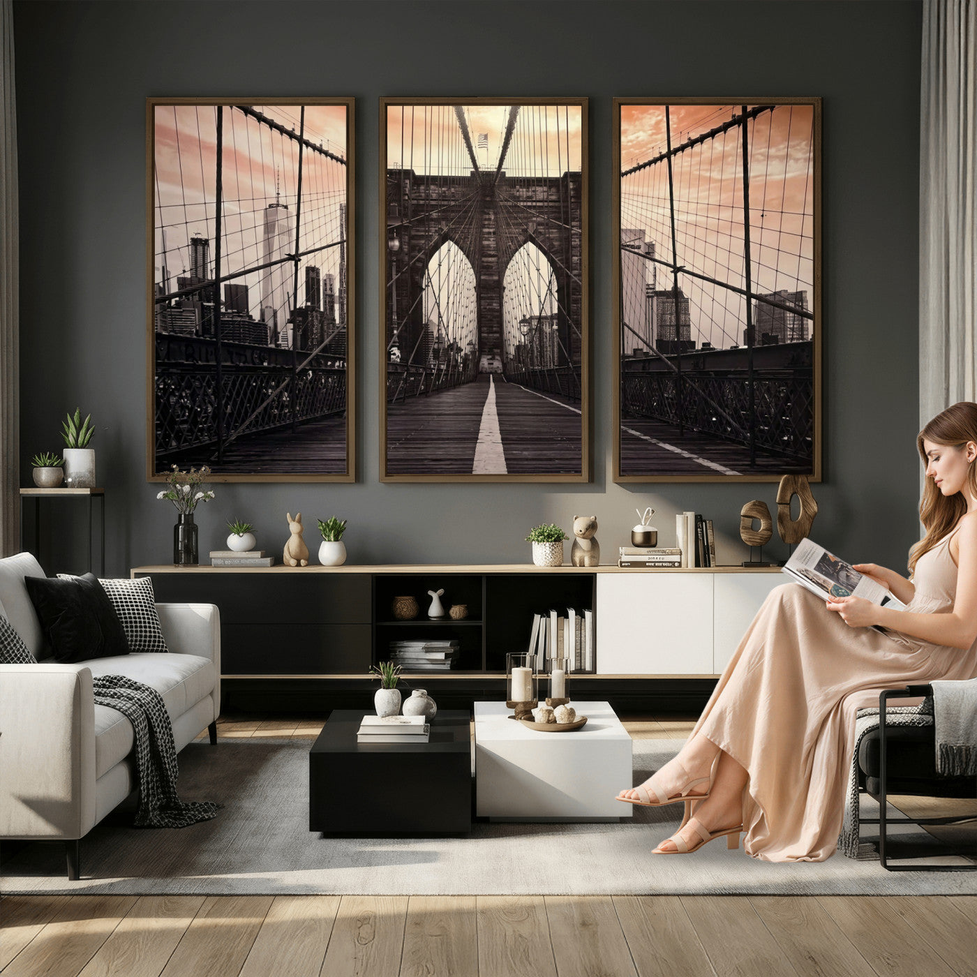 93226664-MGV-CV-36X24 - Brooklyn Bridge Canvas Wall Art, New York City Skyline Photography Print, NYC Landmark Urban Decor Artwork