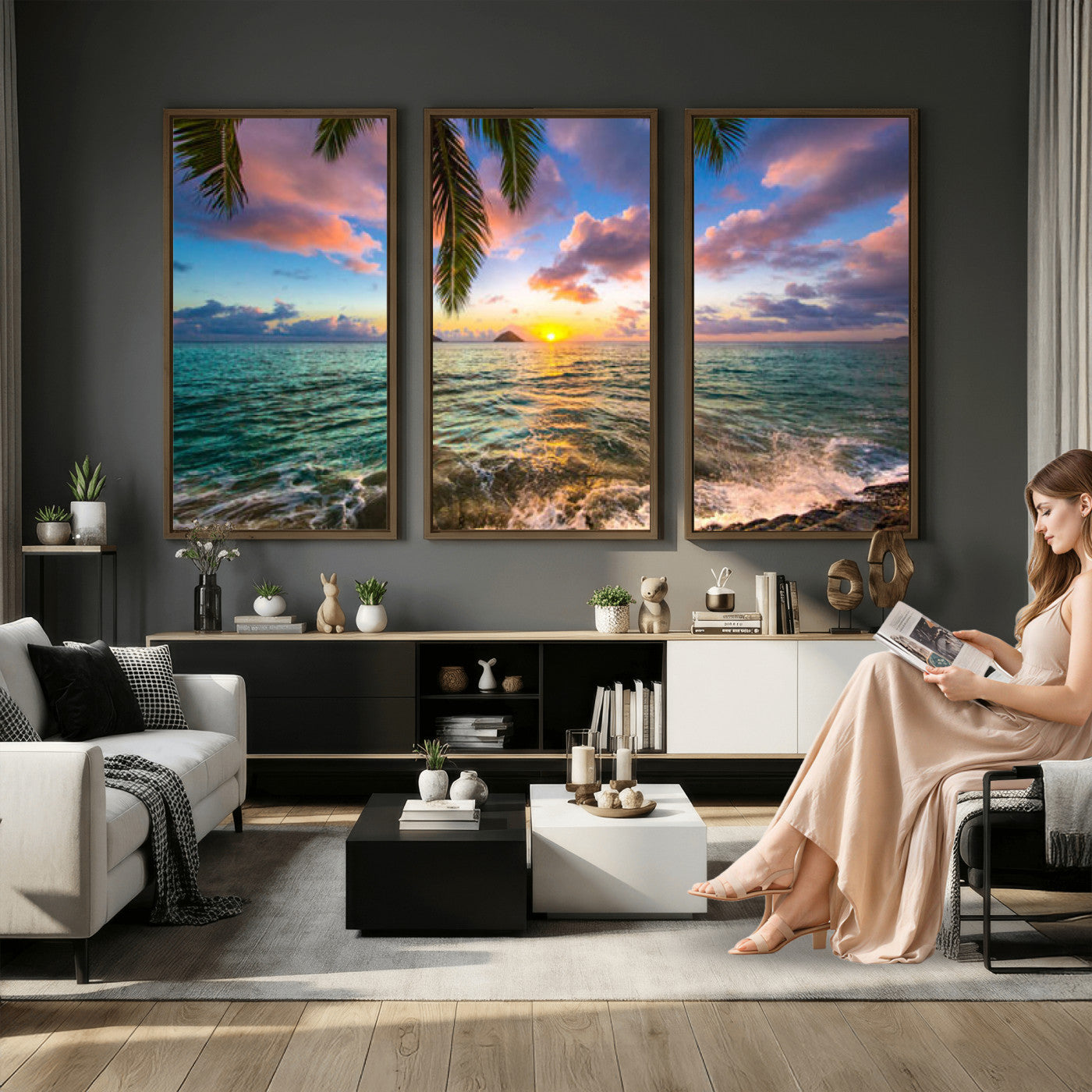 13207742-MGV-CV-36X24 - Hawaii Beach Sunset Canvas Wall Art Print, Tropical Ocean Landscape Artwork, Palm Tree Coastal Decor for Living Room Bedroom