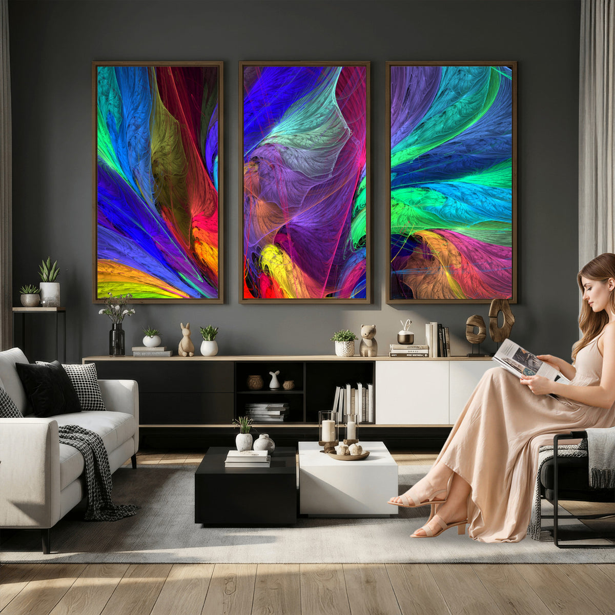 376925791-MGV-CV-36X24 - Colorful Abstract Canvas Wall Art, Rainbow Swirl Fractal Print, Bold Multicolor Living Room Decor, Vibrant Energy Art, Large Abstract Wall Art