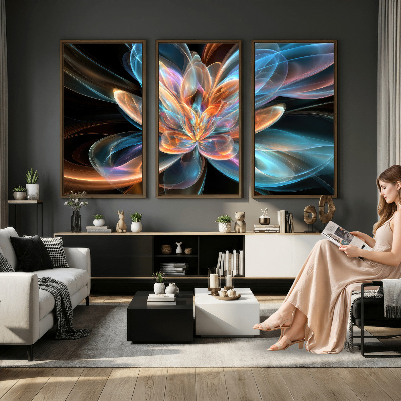 91902283-MGV-CV-36X24 - Fractal Lotus Canvas Wall Art, Blue Orange Glowing Flower Abstract Print, Modern Zen Meditation Room Decor, Ethereal Digital Art, Living Room