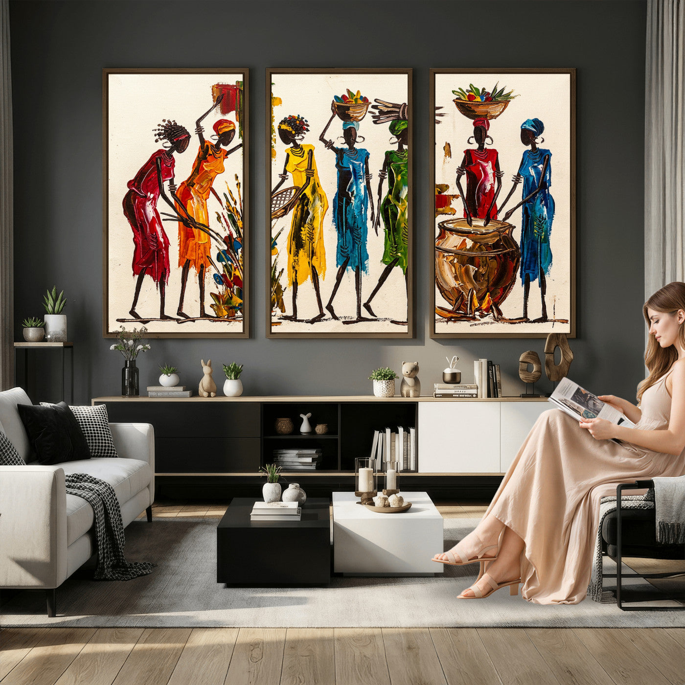 83463154-MGV-CV-36X24 - African Folk Art Canvas Wall Art, Colorful African Women Village Painting Print, Tribal Ethnic Home Decor, Vibrant African Art, Living Room