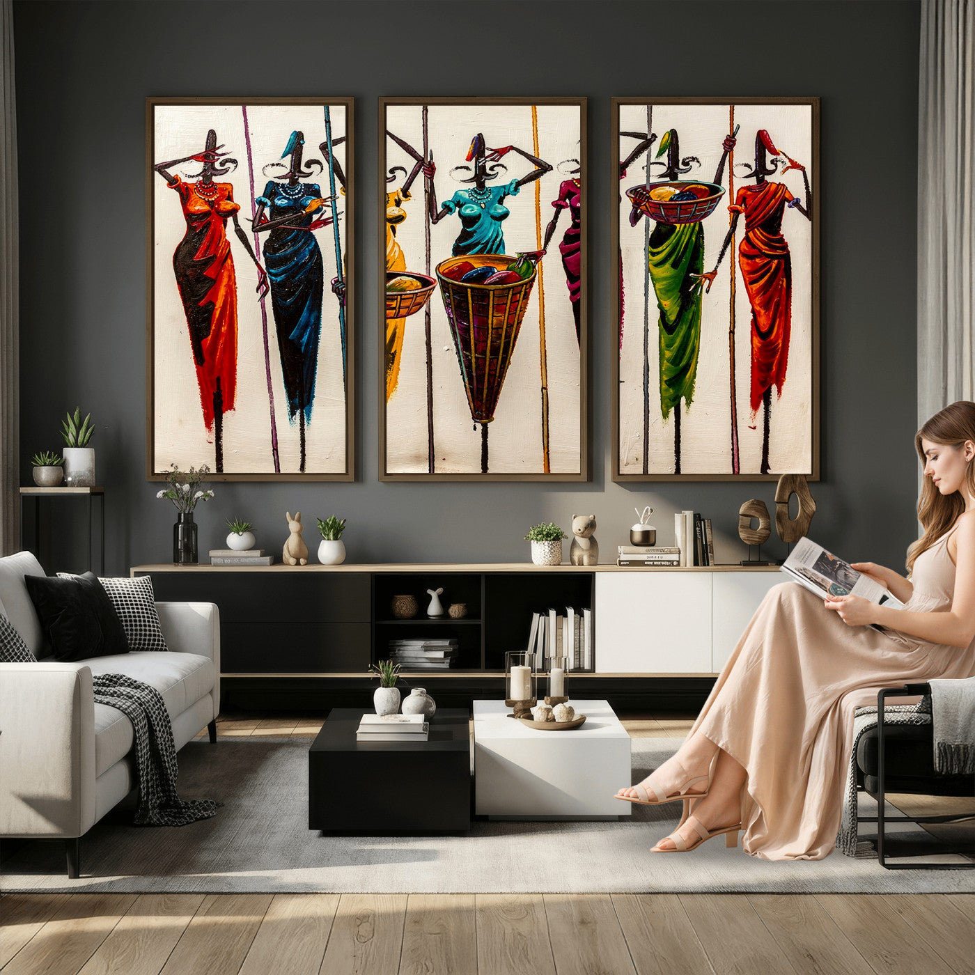 53545627-MGV-CV-36X24 - African Folk Art Canvas Wall Art, Colorful African Women Village Painting Print, Tribal Ethnic Home Decor, Vibrant African Art, Living Room