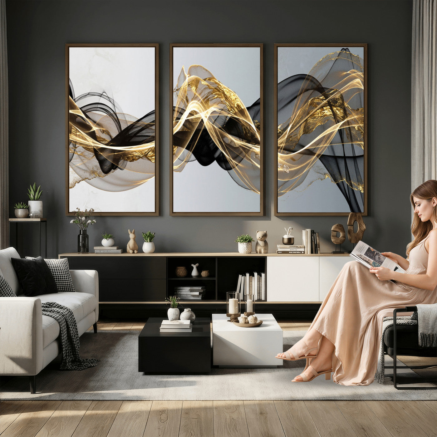 79483321DL-MGV-CV-36X24 - Black and Gold Abstract Wall Art, Modern Wave Canvas Print, Elegant Flowing Smoke Art, Luxury Living Room Decor