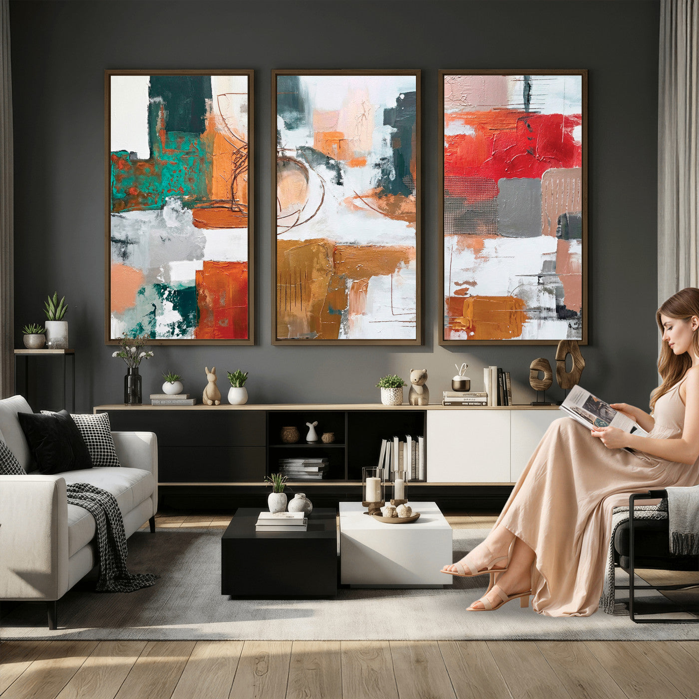 50720312-MGV-CV-36X24 - Blue Teal Abstract Canvas Wall Art | Modern Textured Painting Print, Navy Orange White Contemporary Art, Neutral Living Room Decor, Office Art.