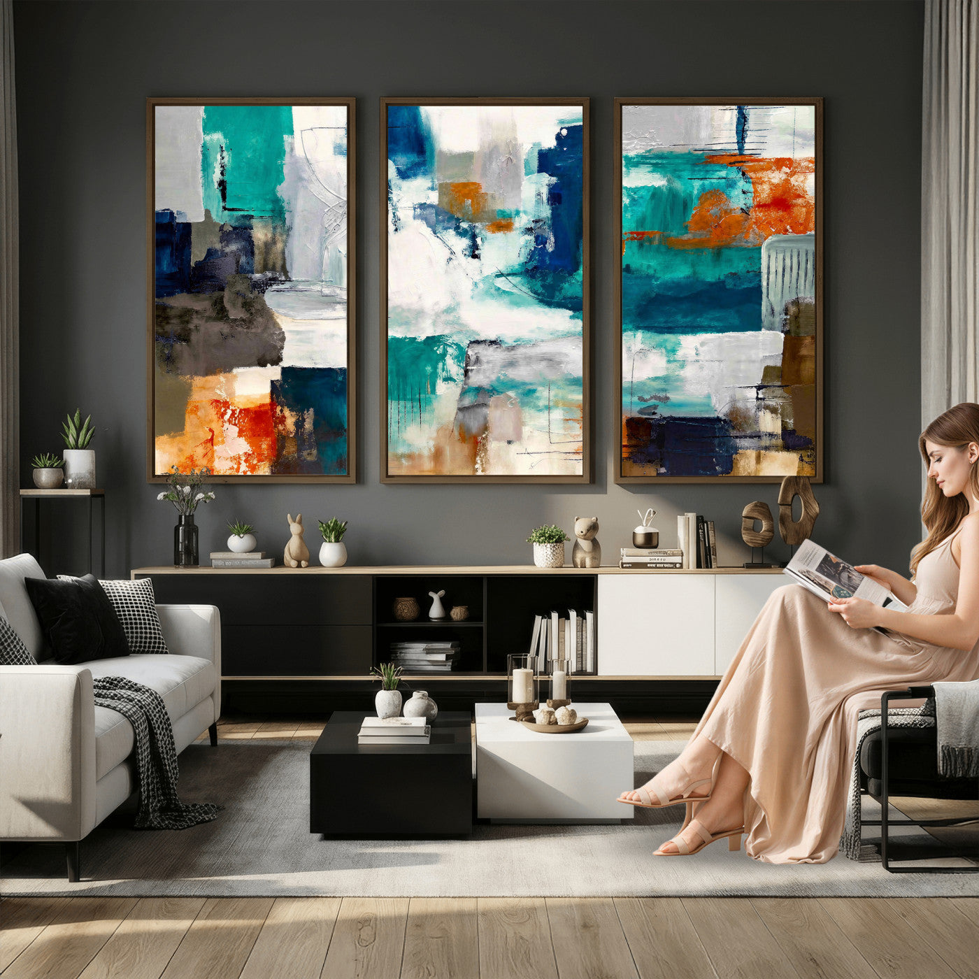 44038089-MGV-CV-36X24 - Blue Teal Abstract Canvas Wall Art, Modern Textured Painting Print, Navy Orange White Contemporary Art, Neutral Living Room Decor, Office Art