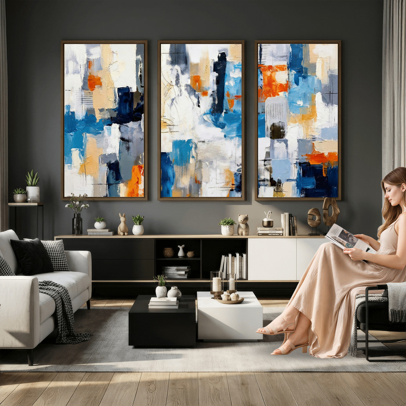 83915061-MGV-CV-36X24 - Blue Teal Abstract Canvas Wall Art, Modern Textured Painting Print, Navy Orange White Contemporary Art, Neutral Living Room Decor, Office Art
