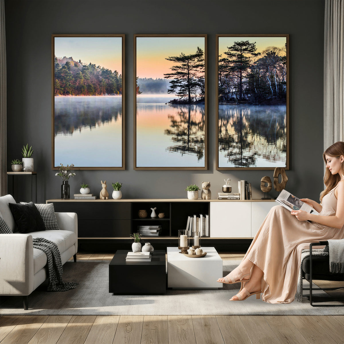34236027-MGV-CV-36X24 - Before People Wake Canvas Wall Art Print, Misty Lake Sunrise Landscape, Forest Reflection Nature Decor, Ready to Hang