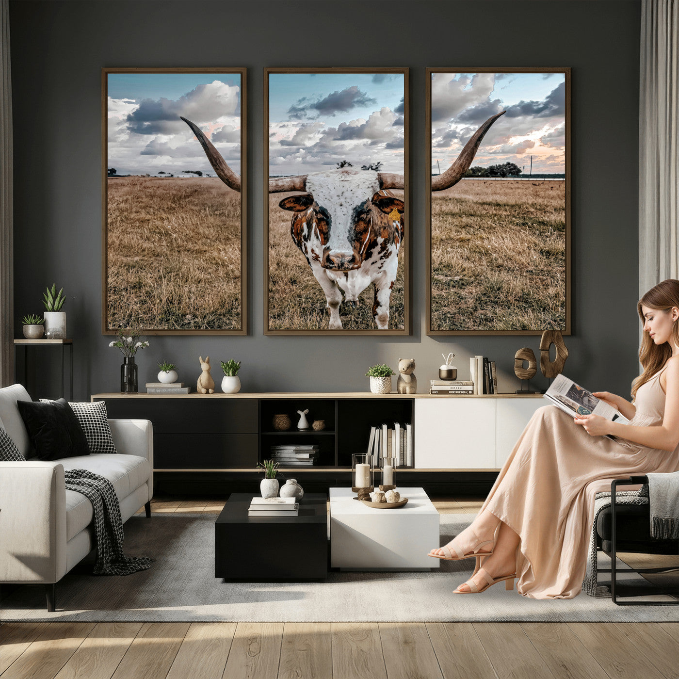17464823-MGV-CV-36X24 - Texas Longhorn Canvas Wall Art Print, Western Cow Photography, Rustic Ranch Decor, Farmhouse Wall Art, Ready to Hang